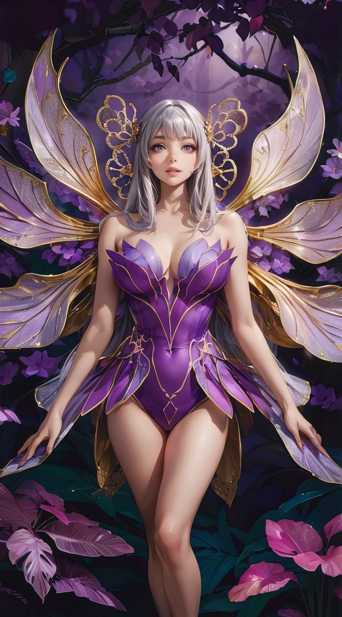 (best quality, ultra-derailed, photorealistic), A captivating illustration of a beautifully sculpted female character with straight silver hair, a perfect, slim yet voluptuous body, and striking assets. She dons a seductive purple and gold costume, intricately designed to resemble a stunning flower. The outfit features a bodysuit with petal-like patterns, complemented by gold hair ornaments. The character, exuding confidence, poses amidst a lush, purplish jungle setting, her large, gold-purple wings reminiscent of flower petals unfurled. The artwork combines elements of illustration, painting, and portrait photography, highlighting the fashion-forward design of the ensemble., portrait photography, fashion, illustration, painting