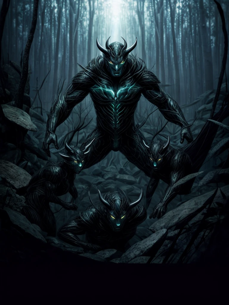 In the dark forest, a group of mysterious creatures lurk in the shadows. Their eyes glow with an eerie light, revealing their presence in the darkness. The creatures have sharp fangs and claws, making them both dangerous and fearsome. With their mesmerizing movements, they navigate the forest with ease.
The creatures are covered in sleek, obsidian-black fur that shimmers when touched by moonlight. Their fur is incredibly detailed, with each individual strand and subtle texture visible. The creatures have a sinuous and agile form, allowing them to move swiftly through the dense underbrush and climb effortlessly up tall trees.
The forest is enveloped in an otherworldly atmosphere, with an ethereal mist that hangs in the air. The mist adds an element of mystery and intrigue, making it difficult to discern the creatures' true intentions. Rays of moonlight filter through the thick foliage, casting an enchanting glow on the forest floor.
The creatures possess a unique ability to blend seamlessly into their surroundings. Their camouflage is so effective that they can almost become invisible to the naked eye. This allows them to stalk their prey with stealth and precision, never arousing suspicion until it is too late.
The colors in the scene are predominantly dark and mysterious, with deep shades of black, grey, and midnight blue. However, there are also hints of vibrant hues, such as luminescent greens and electric purples, adding an element of otherworldly beauty.
The lighting in the forest is moody and atmospheric, with dappled shadows created by the moonlight filtering through the trees. It gives the scene a sense of depth and adds to the overall sense of mystery and foreboding.
Overall, this artwork aims to capture the essence of the supernatural creatures that inhabit the dark forest. It portrays their beauty, danger, and enigma, inviting viewers to delve into the realm of the unknown. The level of detail is of the highest quality, showcasing the intricate feat