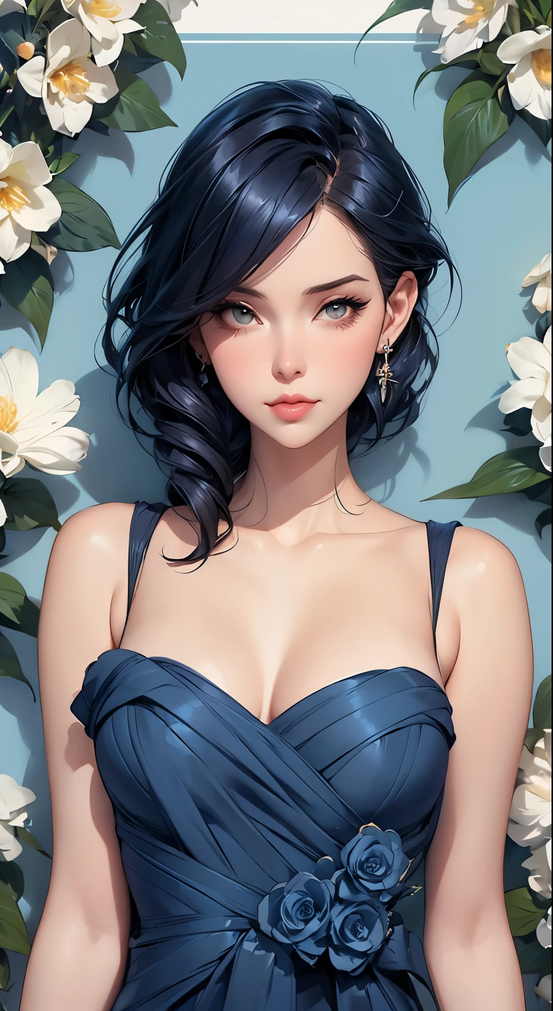 a woman in a navy blue dress standing in front of flowers, style artgerm, style of charlie bowater, in the art style of bowater, beautiful comic art, beautiful alluring anime woman, otto schmidt, trending artgerm, beautiful anime woman, artgerm style, lois van rossdraws, in the style of ross tran, loish art style