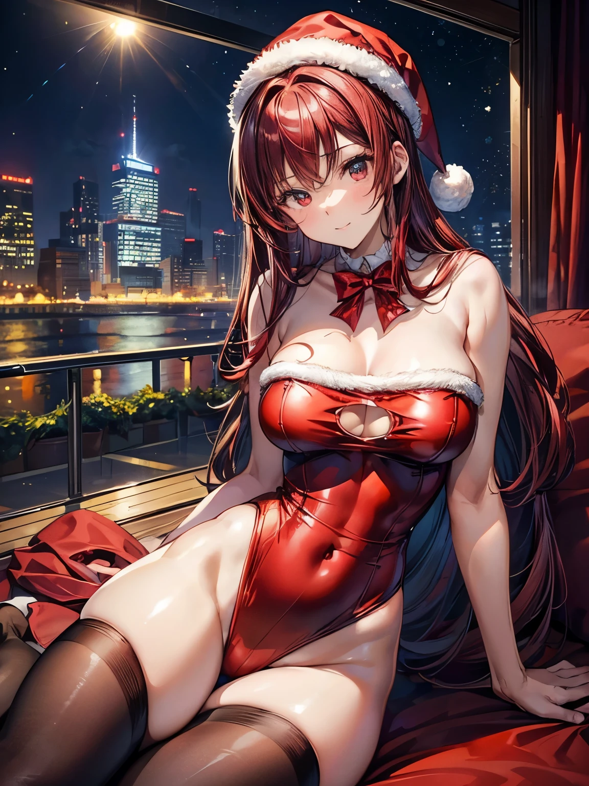 highest quality、Nice sexy body、One Woman、solo、(Beautiful busty woman:1.5)、Medium hair woman、((Woman with dark red hair))、Santa Claus Costume、Woman wearing a Santa Claus hat、(A woman wearing a red Santa Claus high-leg leotard:1.3)、(A woman wearing brown pantyhose)、A woman wearing a red Santa Claus cape、Smiling woman、Christmas tree、Snowy cityscape、illumination
