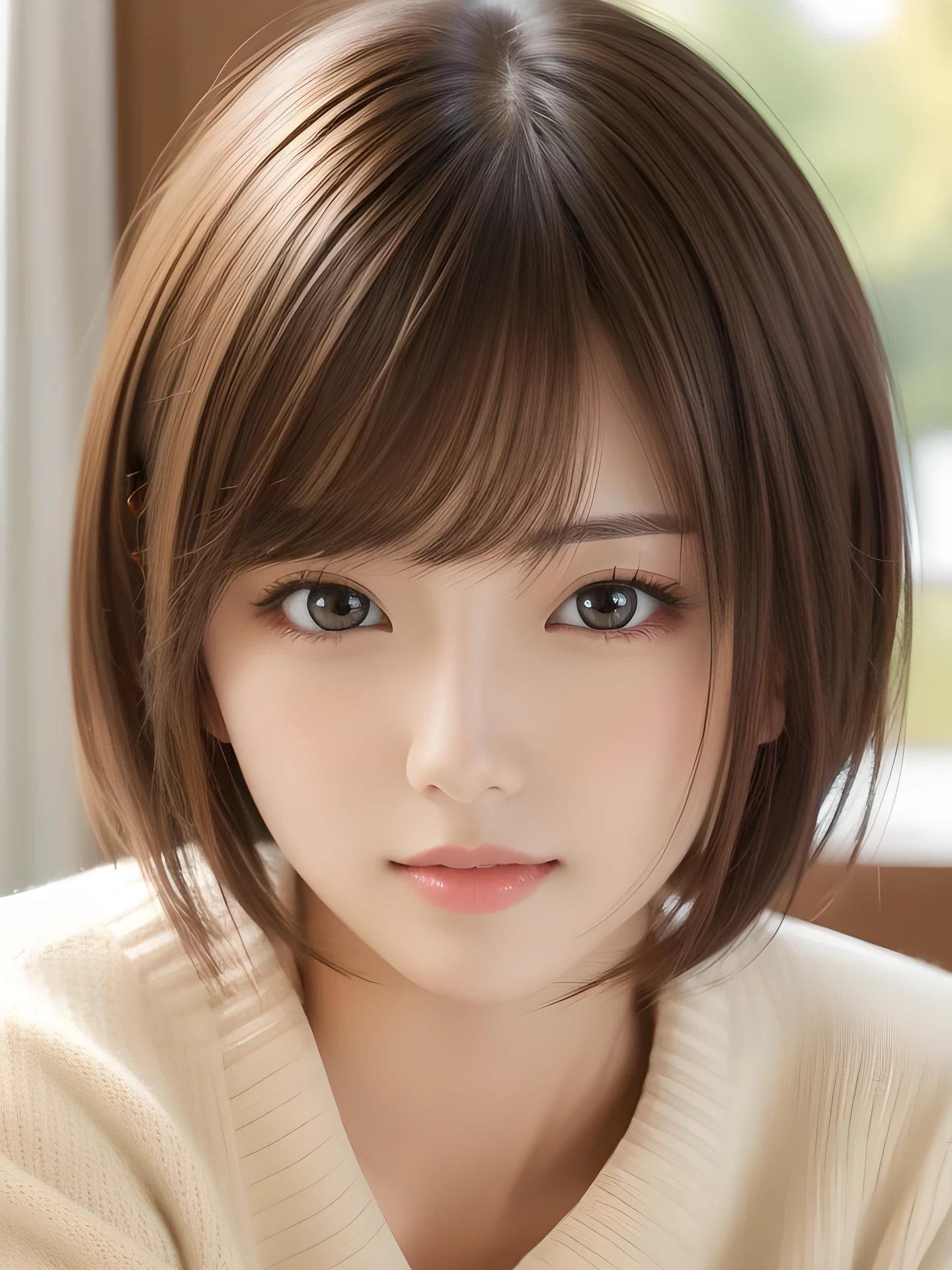 masterpiece, highest quality, High resolution, table top、wallpaper, realistic, bright lighting, professional lighting, face light, smooth lighting, japanese girl, cute, open mouth to say something, Beautiful girl, gravure, sexy, super beautiful, beautiful skin, beautiful and detailed eyes、detailed face、slim、moderately、short hair, bangs,brunette colored hair, brown eyes, look at the camera, sweater,