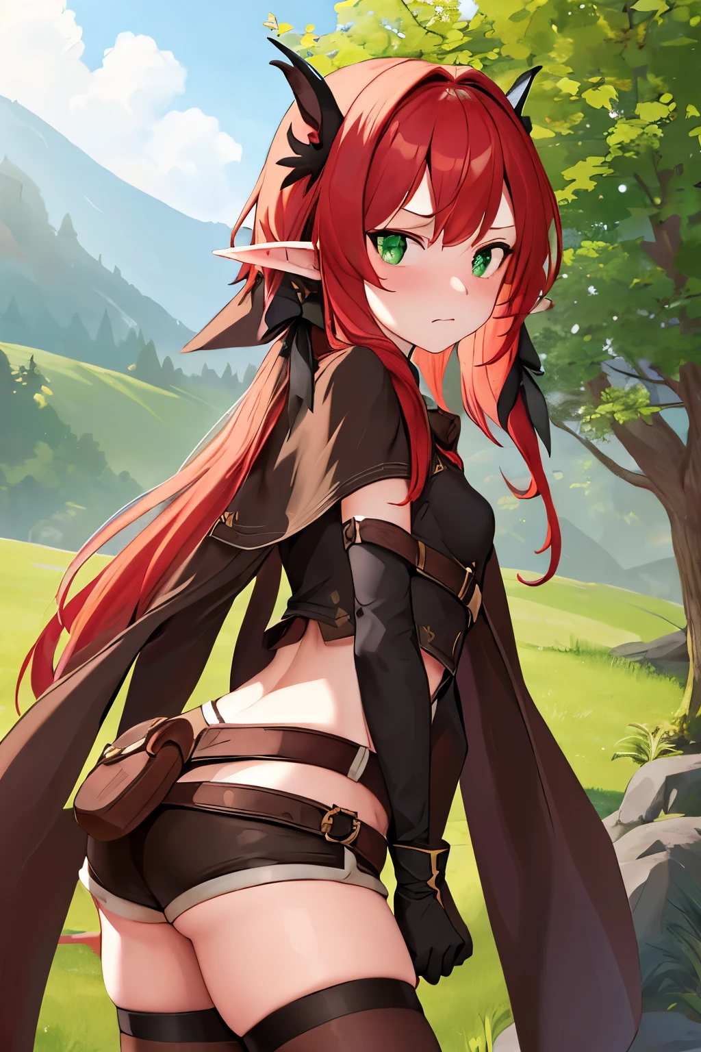 masterpiece, Best Quality, height resolution, 1girl in, elf, pointy ear, red hair, Long hair, side locks, Hair Bow, Small breasts, cloaks, Green eyes, Black Gloves, Brown shorts, thighhighs, Booty shorts, Black Clothes, Belt bag, embarrassed expression