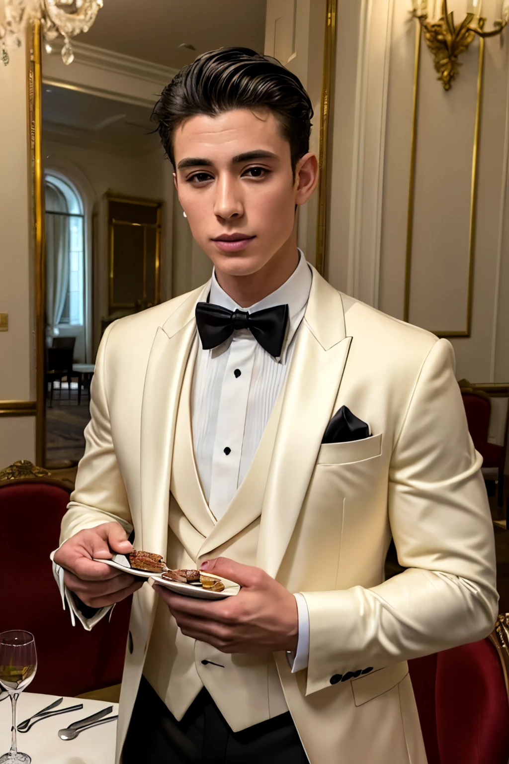 ((masterpiece)), ((best quality:1.2)), High Resolution, 8k, (ultra_realistic:1.3), (photorealistic:1.4), (instagram model, handsome:1.2), sharp focus, a portrait shot of (tedpullinbp), model pose, wearing a formal tuxedo, rich interior of a mansion, dinner gala, 
