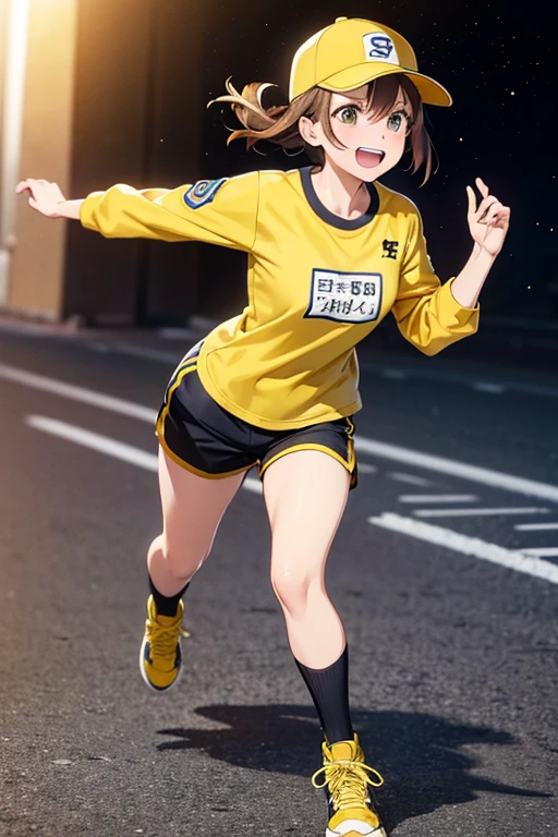 Anime Art、Full body portrait、Space SF athletes、A woman around 26 years old, about 160cm tall, wearing a yellow shirt and shorts, running、Short brown hair、Laughing with mouth open、sports boots、Yellow cap