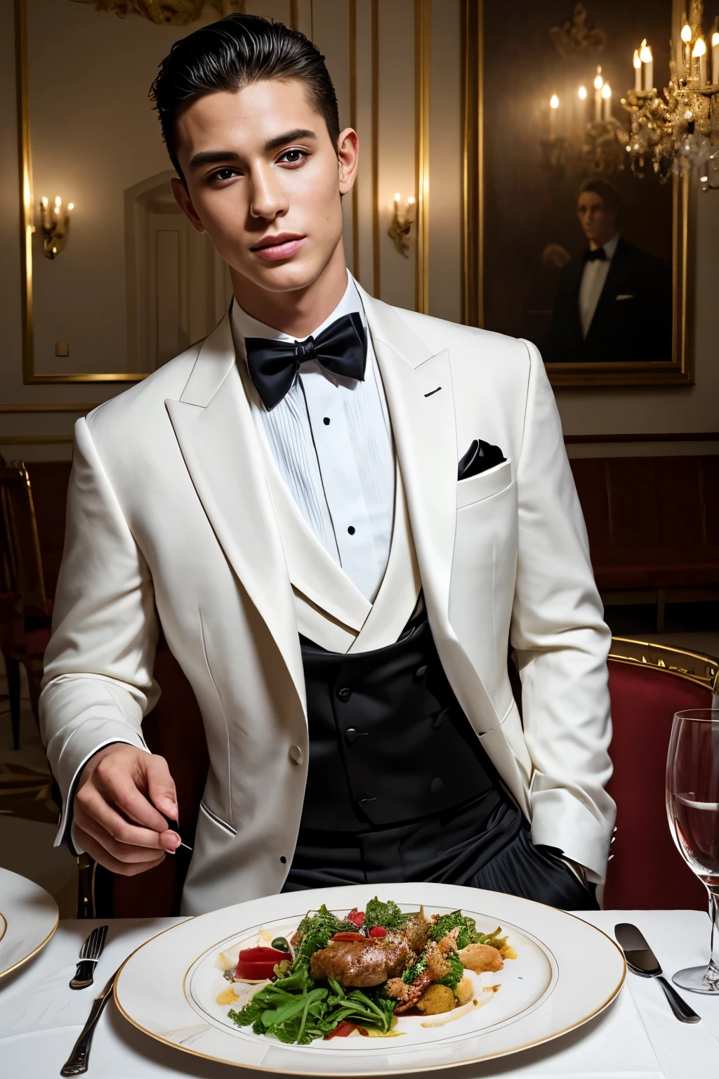 ((masterpiece)), ((best quality:1.2)), High Resolution, 8k, (ultra_realistic:1.3), (photorealistic:1.4), (instagram model, handsome:1.2), sharp focus, a portrait shot of (tedpullinbp), model pose, wearing a formal tuxedo, rich interior of a mansion, dinner gala, 