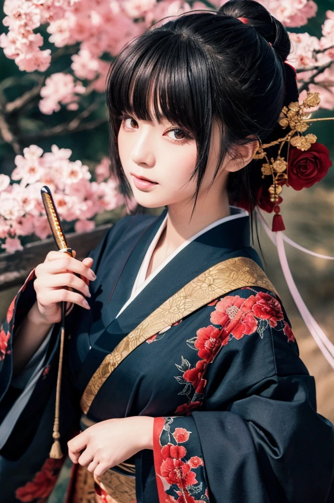 Beautiful hardcore illustration homepage illustration style(1.9), dark, High resolution, hard touch illustration, Strong outline, One girl, japanese geisha style, Fuji Mountain, Japan, 8k, American Comic Styles(1.8), カラフルなbackground, ((Hiroyuki Nagasaka(1.9))), Aggressive, (Sword Drawing Action(1.8)), chambara(1.8), Beautiful Face, Cool Beauty, kimono, Beauty Style, kimonoの衿がはだける(1.5), Cleavage(1.5), Black and Red, Fight, Hard Illustration, Rose red hair, Rose, Samurai, small monster, kimono, (Japanese sword(1.8)), (background:SakuraFubuki(1.8), (mount Fuji(1.6)),blurred),