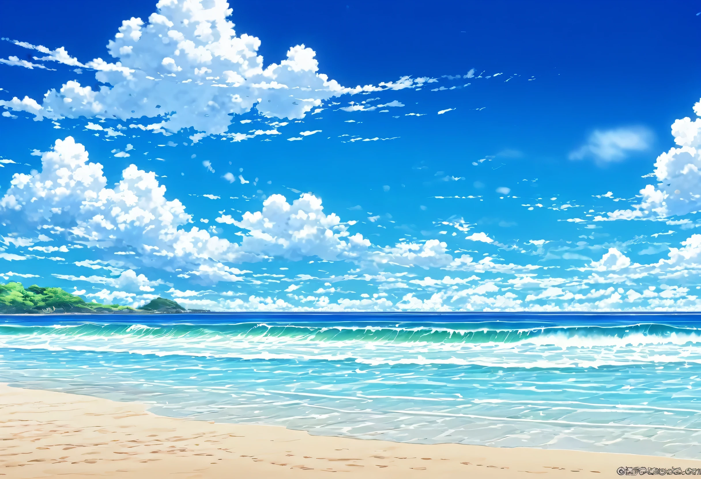 Beach with blue sky and clouds in the background, Digital Art:Kose Kanaoka, Pixiv, Conceptual Art, Detailed Landscape — Width 672, Anime Background, Ocean Background Setting, Beach Background, Anime Background art, watermark:-1, Pixta. Japanese, Pixta.Japanese, Beautiful peaceful scene in anime, Landscape Background