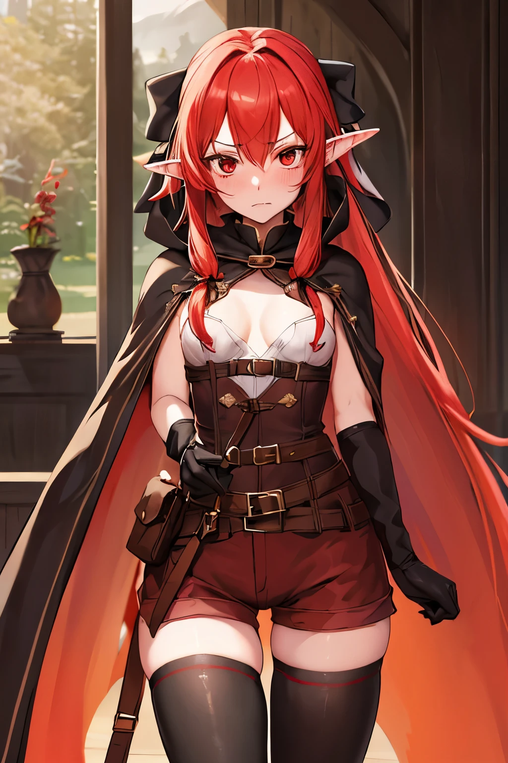 masterpiece, Best Quality, height resolution, 1girl in, elf, pointy ear, red hair, Long hair, side locks, Hair Bow, Small breasts, cloaks, red eyes, Black Gloves, Brown shorts, thighhighs, Short shorts, Black Clothes, Belt bag, embarrassed expression