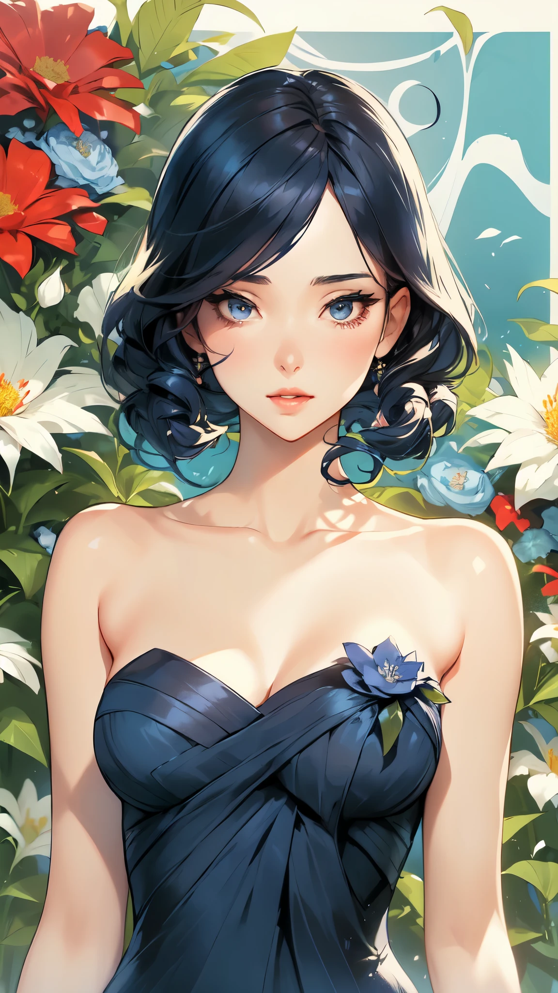 a woman in a navy blue dress standing in front of flowers,  beautiful comic art, beautiful alluring anime woman, beautiful anime woman