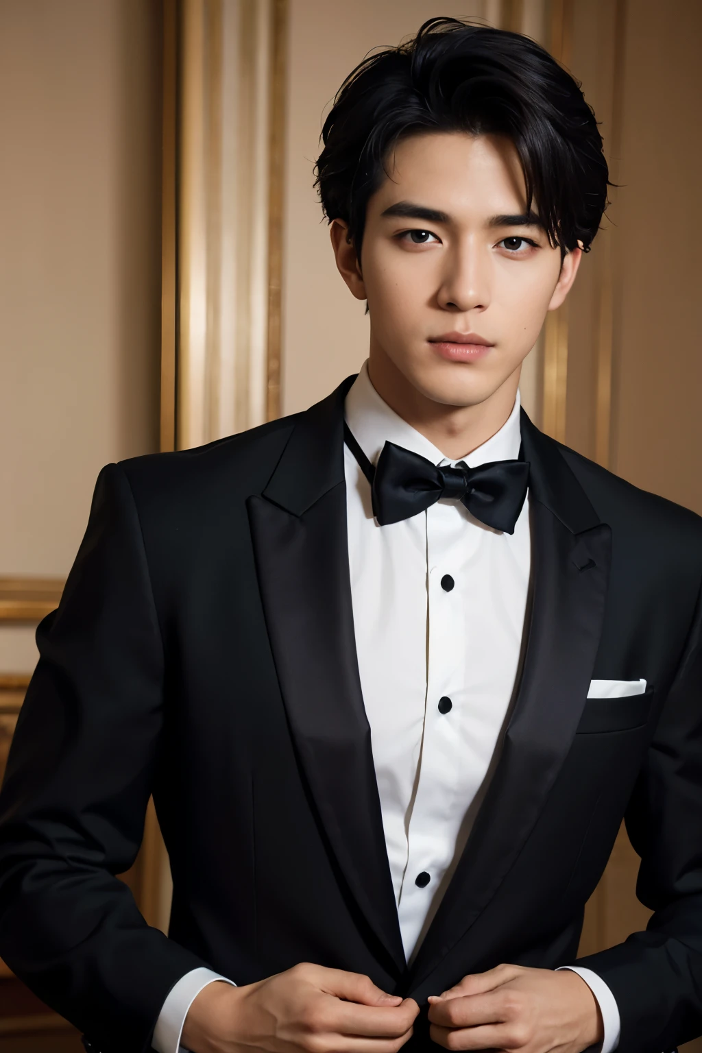 ((masterpiece)), ((best quality:1.2)), High Resolution, 8k, (ultra_realistic:1.3), (photorealistic:1.4), (instagram model, handsome:1.2), sharp focus, a portrait shot of (tedpullinbp), model pose, wearing a formal tuxedo, rich interior of a mansion, dinner gala,
