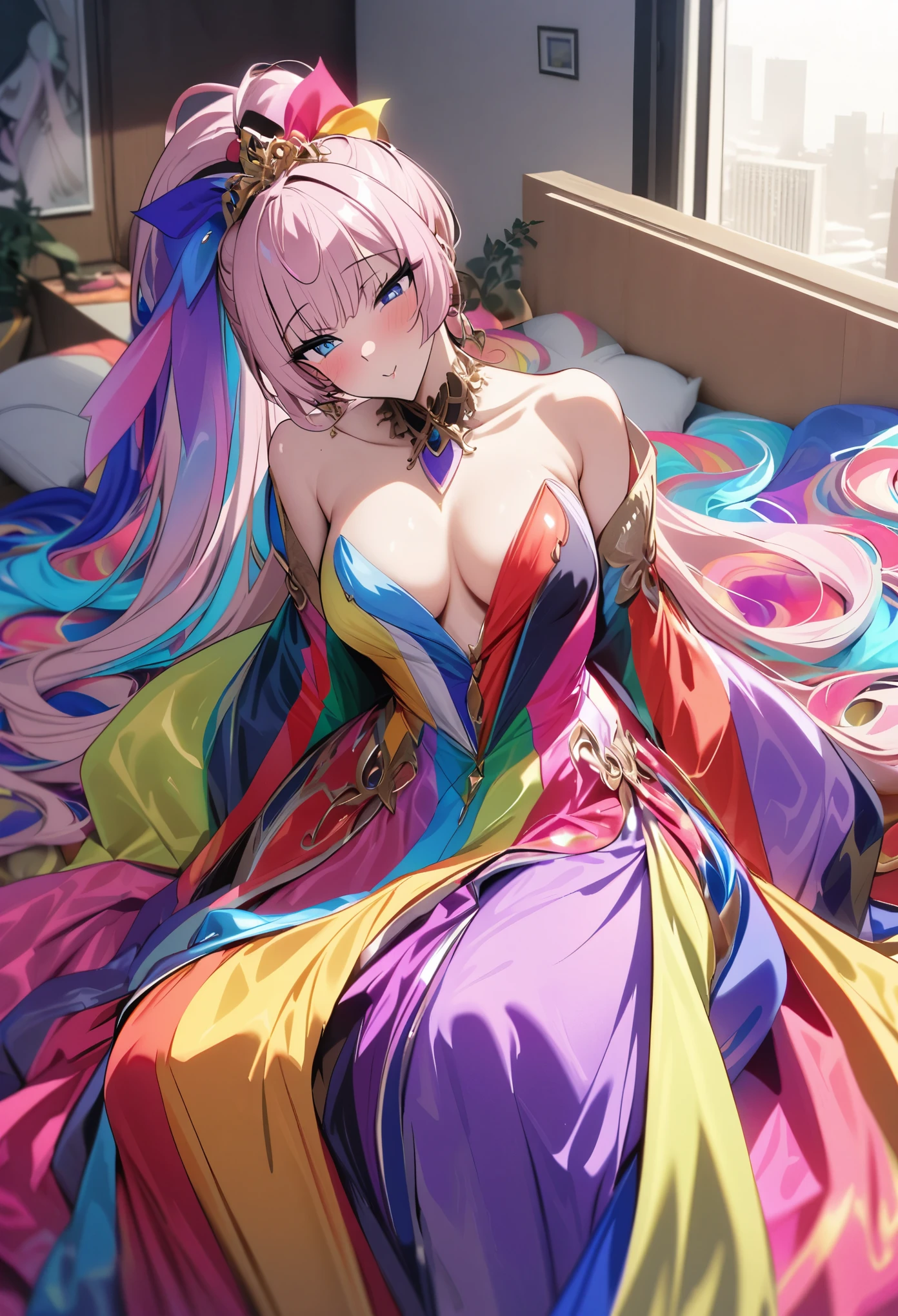 (A genie, very closely resembling Paris Hilton (age 25) dressed in flamboyant alluring clothing(lots of colorful silk, thin billowing silk)), is lounging around a modern modest apartment, flirting