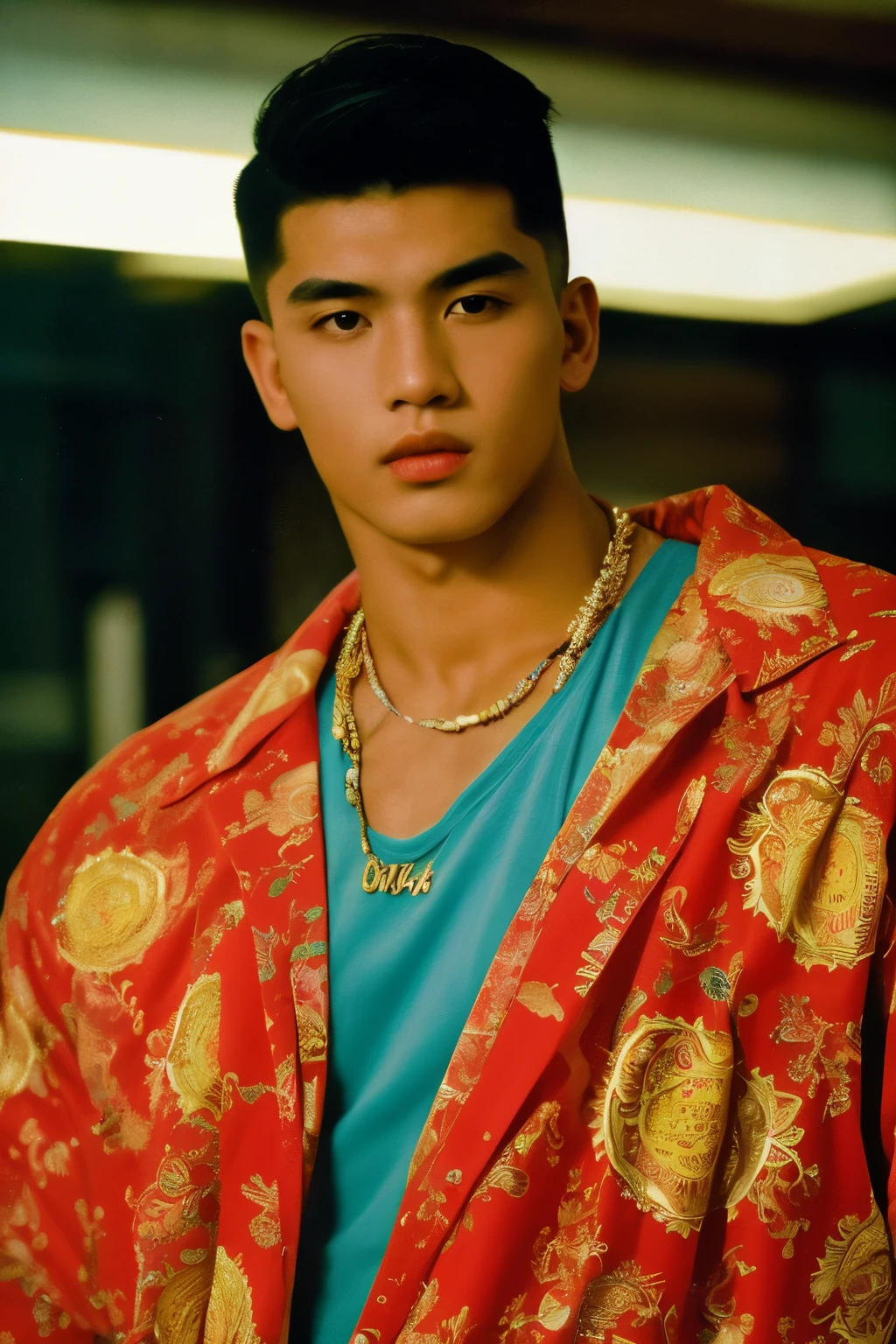 (best quality,ultra-detailed,high resolution,masterpiece:1.2),detailed portrait of a man with extraordinary physique,(realistic,photo-realistic:1.37),epic scene,dark aeshtetic,Japanese artist Rumiko's interpretation of 90s and 80s retro style,fine brushwork,evocative atmosphere,moody lighting,strong contrast, vivid colors,multiple focus points,impeccable attention to facial features and musculature,seamless blending of traditional and contemporary influences,expressive eyes and lips,captivating gaze,impressive body proportions,intricately crafted clothing inspired by the 90s and 80s fashion,confident and charismatic posture,memorable and nostalgic flair.