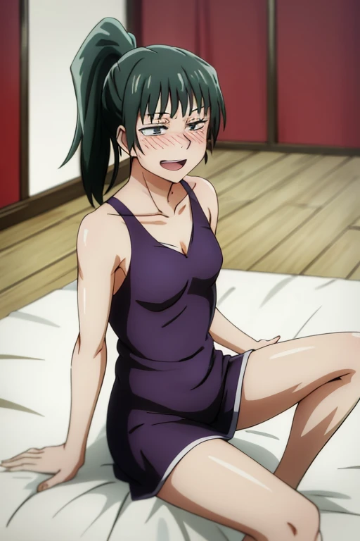 MakiZenin, 1girl, perfect, beautiful, lnd_woman, lnd_body, posing, laying down, front, ponytail, [(green hair:1.1):2] eyewear, in bed, sports bra, no bottoms, missionary position, eyes looking seductively at viewer, evil smile, masterpiece, high quality, expressive eyes, defined eyes, sex with maki zenin, orgasm, riding dick, man fucking woman, man fucks maki hard till she cums, best sex ever, good eyes, maki lays in the hote bed, laying down on back, missionary sex, hands up, pov missionary, armpits, well defined eyes, good face, hot sex, creampie, hands grabbing her breasts, breast squeezing