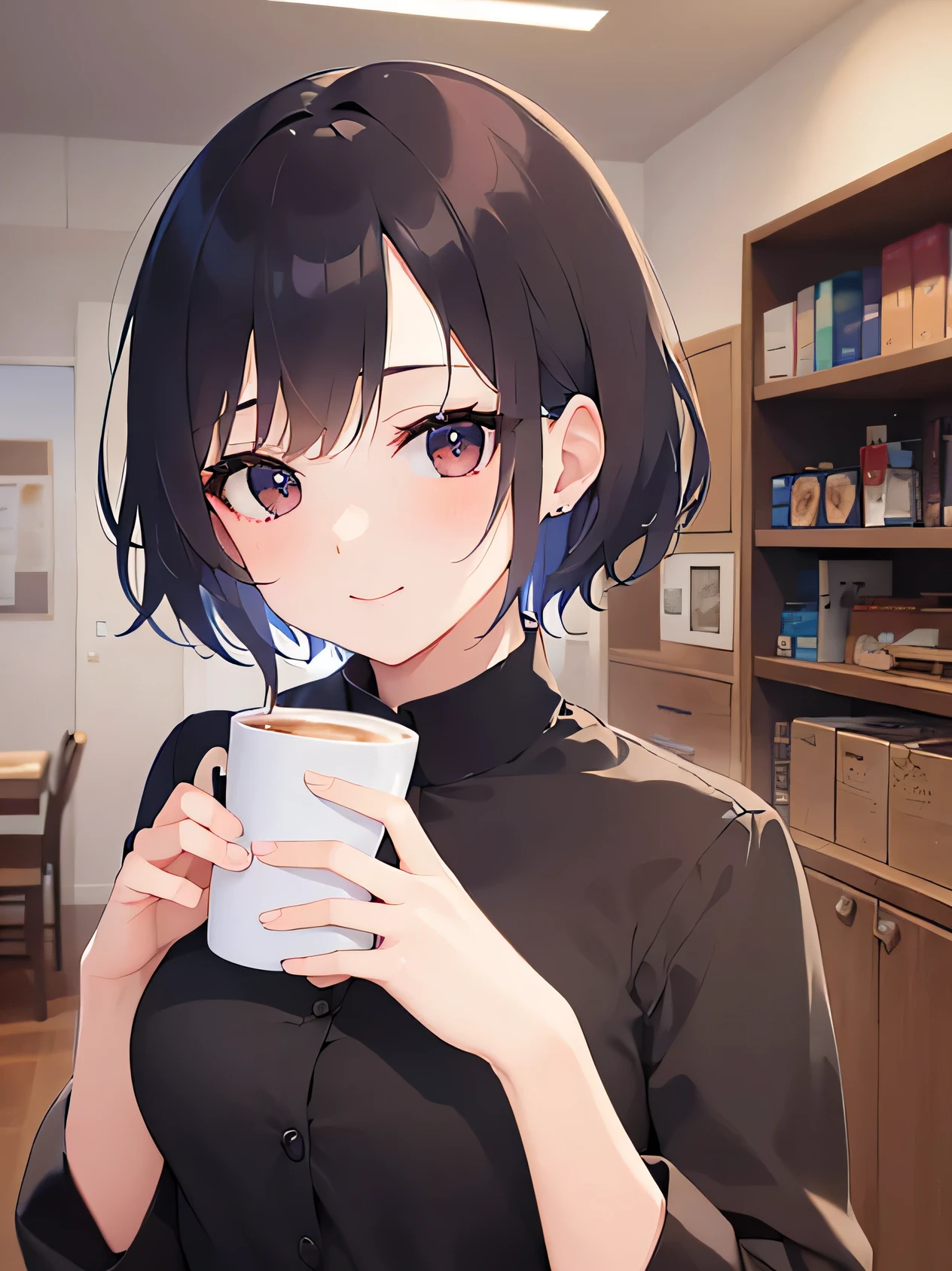 Upturned eyes, Beautiful five fingers, masterpiece、highest quality、 A 25-year-old woman with short brown hair and brown eyes..、Wearing a blouse、smile、The background is the office、Bold composition、The upper body is shown、Holding coffee in hand、alone