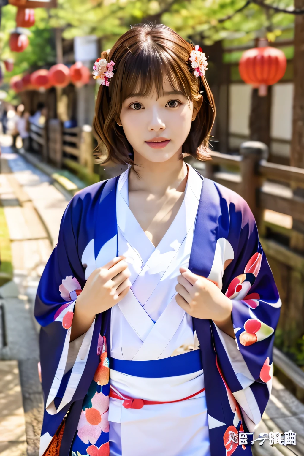 (1 summer kimono with a cute pattern:1.5)、(Japanese festivals:1.5)、(Full-body photo:1.5)、highest quality, Photorealistic, Very detailed, finely, High resolution, 8K Wallpaper, Professional, High level of detail, ((One 18 year old girl:1.2)), Slender Japanese women,Pretty lips, (Beautiful long lashes:1.2)、Detailed clavicle, Perfect Face, (Cute short bob hair:1.5),Top Quality，Ultra-clear resolution，Clear Eyes，Sunburned skin，Perfect large breasts，have perfect legs，