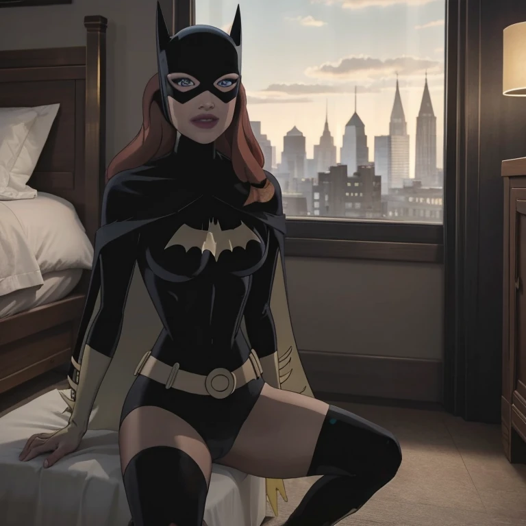 female, plump pursed lips, freckles, long curly ginger hair with bangs, fitness body, crystal blue eyes with smoky eye shadow and black eyeliner, black semi-matte lipstick, pale to sun-kissed skin, flirty smug smile, black lingerie, posing in the bed of an hotel, full body, bubble butt, black ankle socks, on her knees sitting , batgirl_lingerie,