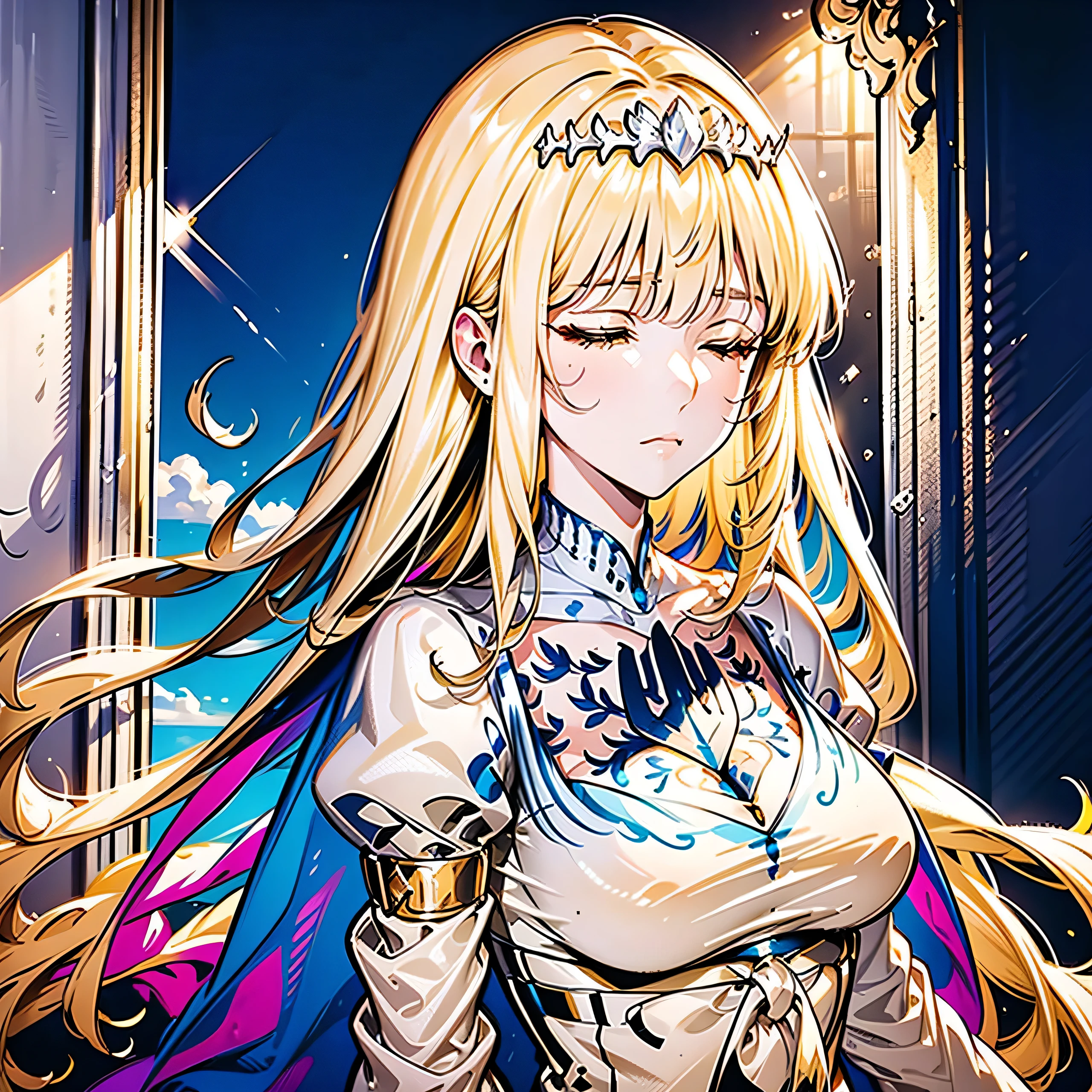 (absurd, high resolution), a woman, mature, beautiful, tall, , exquisite, (((eyes closed))), blonde hair, yellow hair, painful, (sad), sad, in the palace, brilliant, magical,1girl, solo, Calca, Calca Bessarez, blonde hair, extremely long hair, very long hair, white tiara, silver tiara, white dress, , medium chest