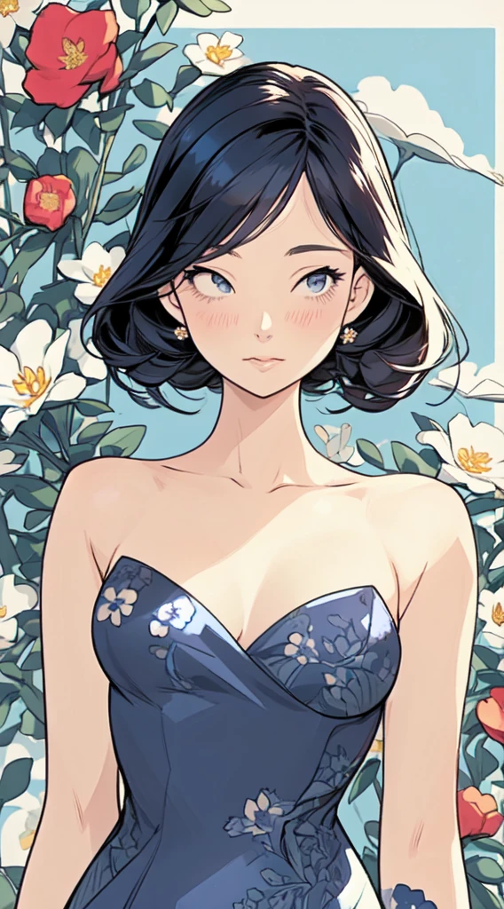 a woman in a navy blue dress standing in front of flowers,  beautiful comic art, beautiful alluring anime woman, beautiful anime woman