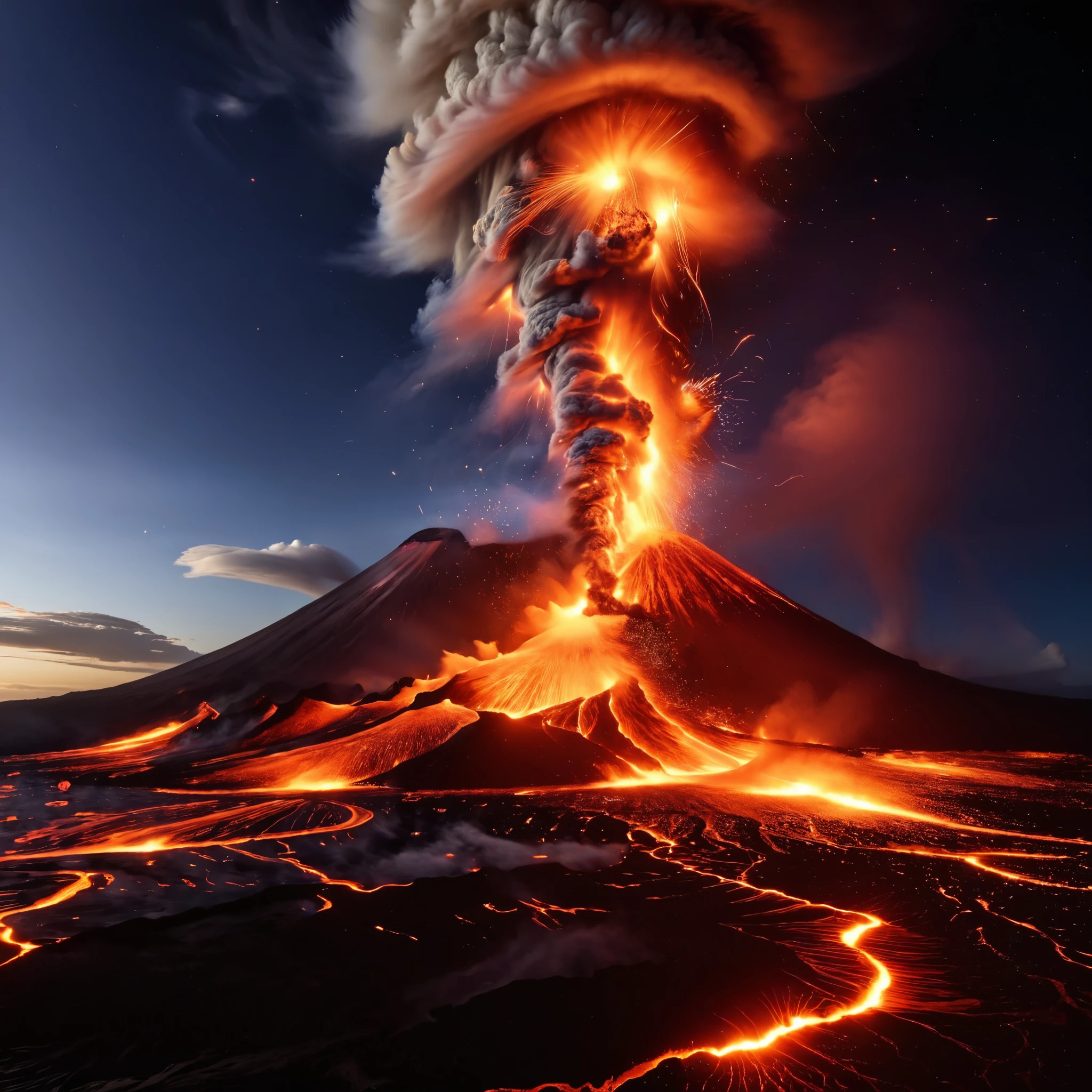 A panoramic view captures the last decade's volcanic eruptions worldwide, showcasing a spectrum of fiery explosions, from gentle lava flows to towering ash clouds.