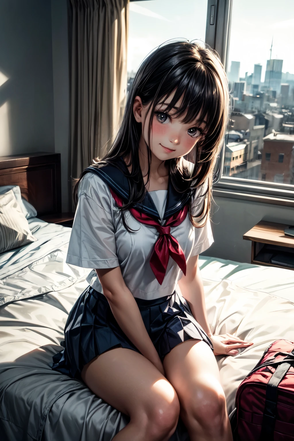 very cute and beautiful girl,(highly detailed beautiful face and eyes),
(smile),blush,embarrassed,looking at viewer,black hair,(sailor school uniform),(pleated navy blue mini skirt),
sitting on bed sheet,school bag,pouch,antique hotel bedroom,window,distant town view,
(best quality,masterpiece),absurdres,highres,ultra-detailed,extremely detailed,32k,8k resolution,
intricate details,cinematic scene,detailed background,solo,dynamic angle,
perfect hands,