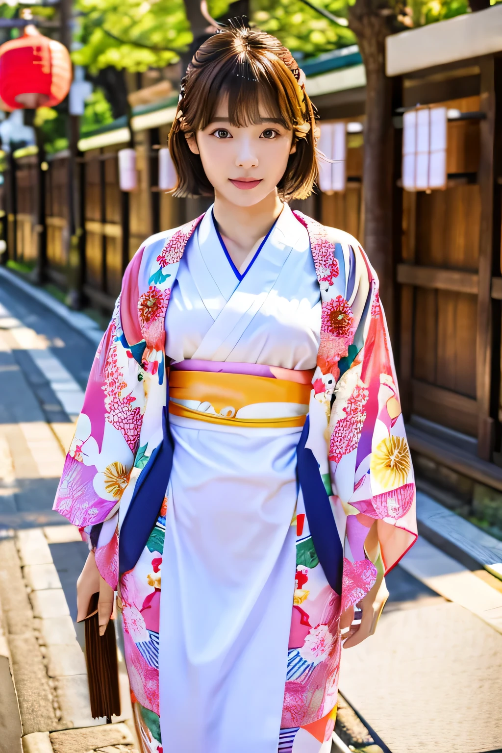 (1 summer kimono with a cute pattern:1.5)、(Japanese festivals:1.5)、(Full-body photo:1.5)、highest quality, Photorealistic, Very detailed, finely, High resolution, 8K Wallpaper, Professional, High level of detail, ((One 18 year old girl:1.2)), Slender Japanese women,Pretty lips, (Beautiful long lashes:1.2)、Detailed clavicle, Perfect Face, (Cute short bob hair:1.5),Top Quality,Ultra-clear resolution,Clear Eyes,Sunburned skin,Perfect large breasts,have perfect legs,