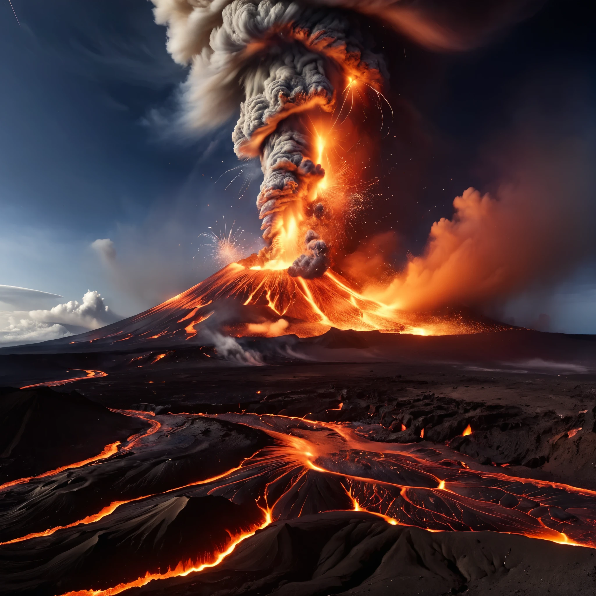 A panoramic view captures the last decade's volcanic eruptions worldwide, showcasing a spectrum of fiery explosions, from gentle lava flows to towering ash clouds.