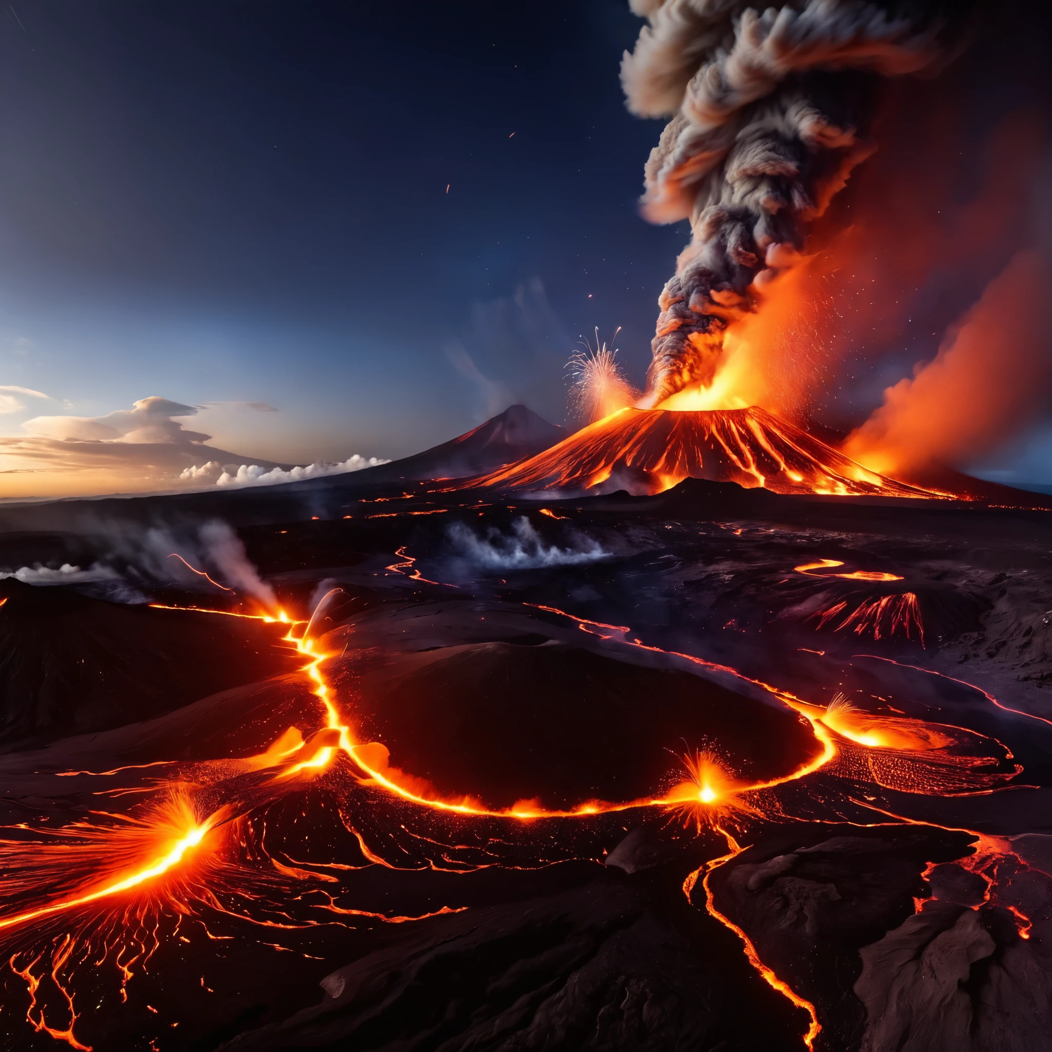 A panoramic view captures the last decade's volcanic eruptions worldwide, showcasing a spectrum of fiery explosions, from gentle lava flows to towering ash clouds.