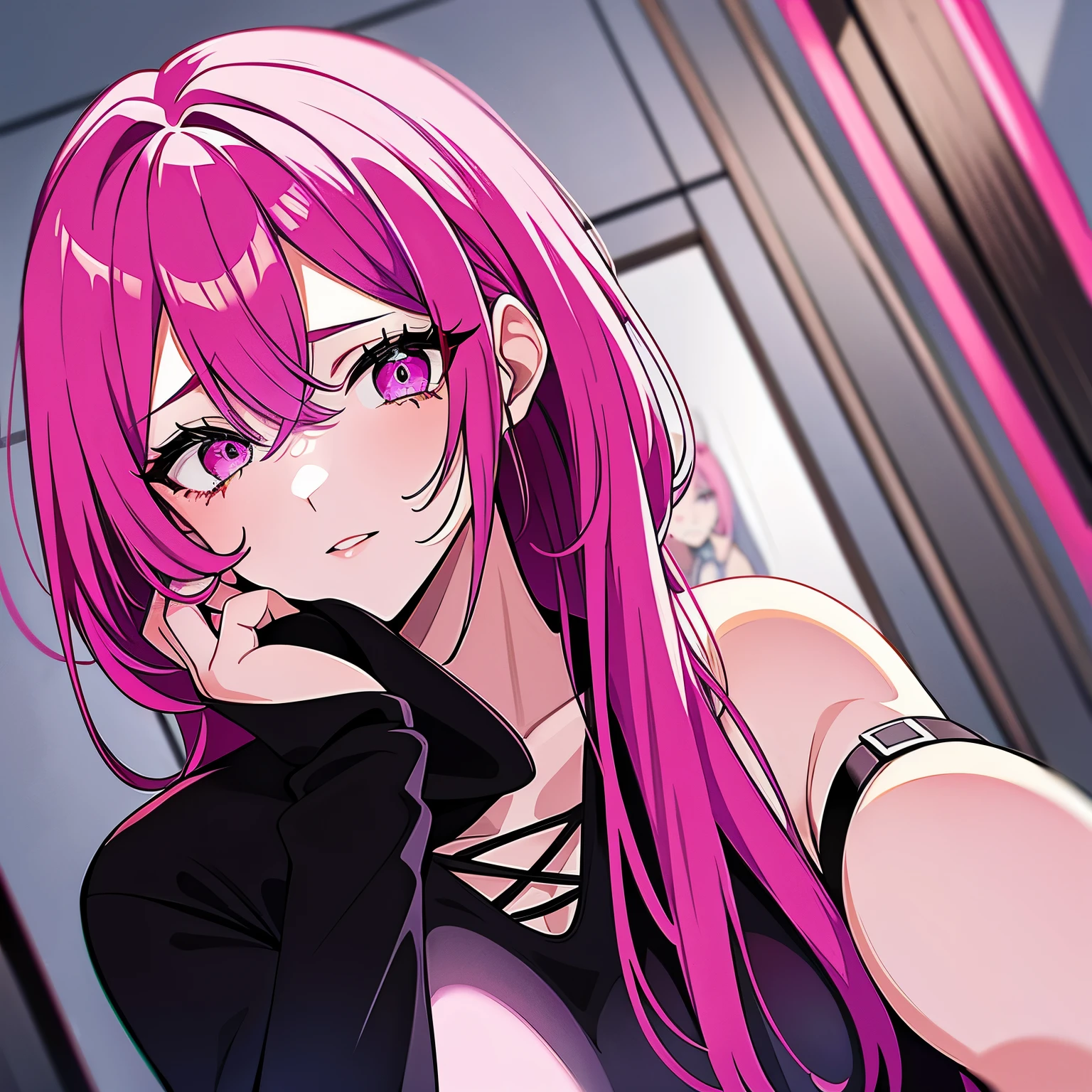 hot pink hair woman, hot pink eyes