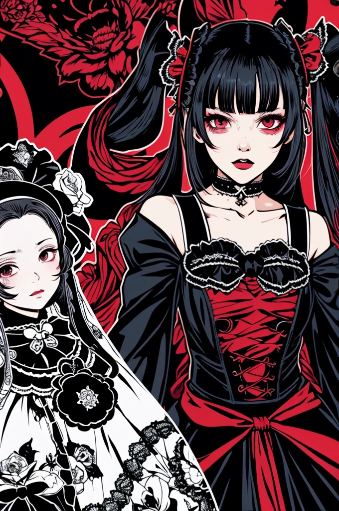 Beautiful hardcore illustration homepage illustration style, dark, High resolution, hard touch illustration, Strong outline, Two Girls, Gothic & Lolita Style, Gothic & Lolita Fashion, 8k, American Comic Styles, Colorful background, Hiroyuki Nagasaka, Aggressive, Beautiful Face, Cool Beauty, dress, Beauty Style, Red and Black, Fight, Hard Illustration, Red ears,