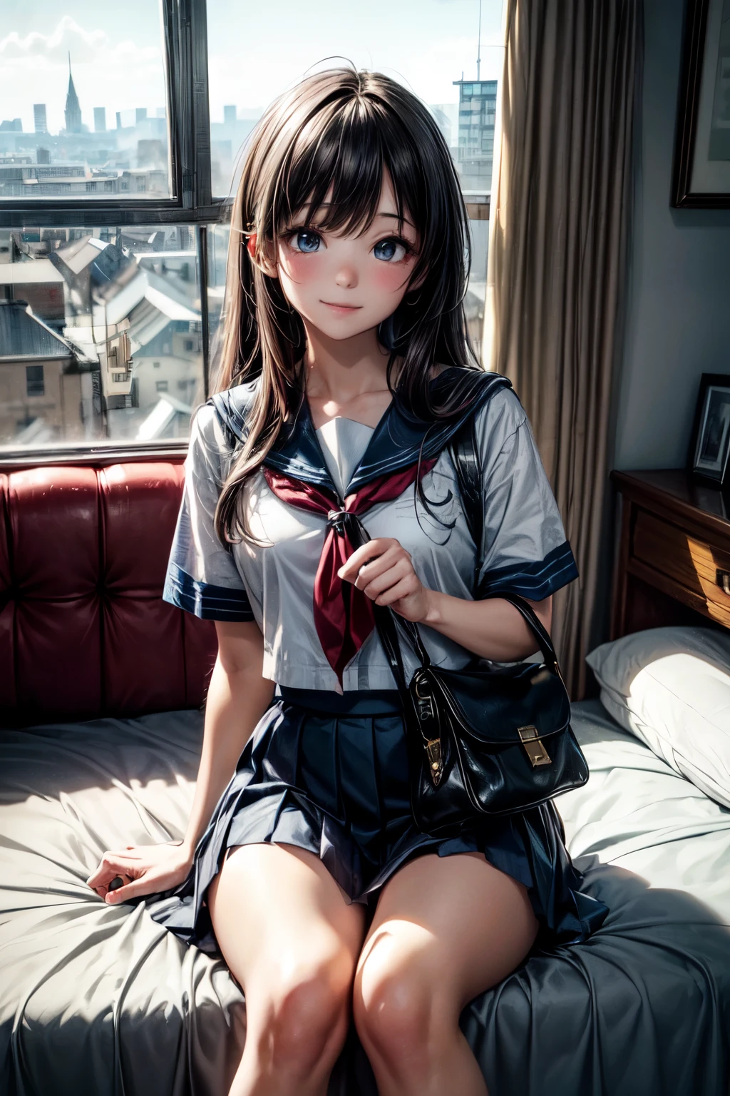 very cute and beautiful girl,(highly detailed beautiful face and eyes),
(smile),blush,embarrassed,looking at viewer,black hair,(sailor school uniform),(pleated navy blue mini skirt),
sitting on bed sheet,school bag,pouch,antique hotel bedroom,window,distant town view,
(best quality,masterpiece),absurdres,highres,ultra-detailed,extremely detailed,32k,8k resolution,
intricate details,cinematic scene,detailed background,solo,dynamic angle,
perfect hands,