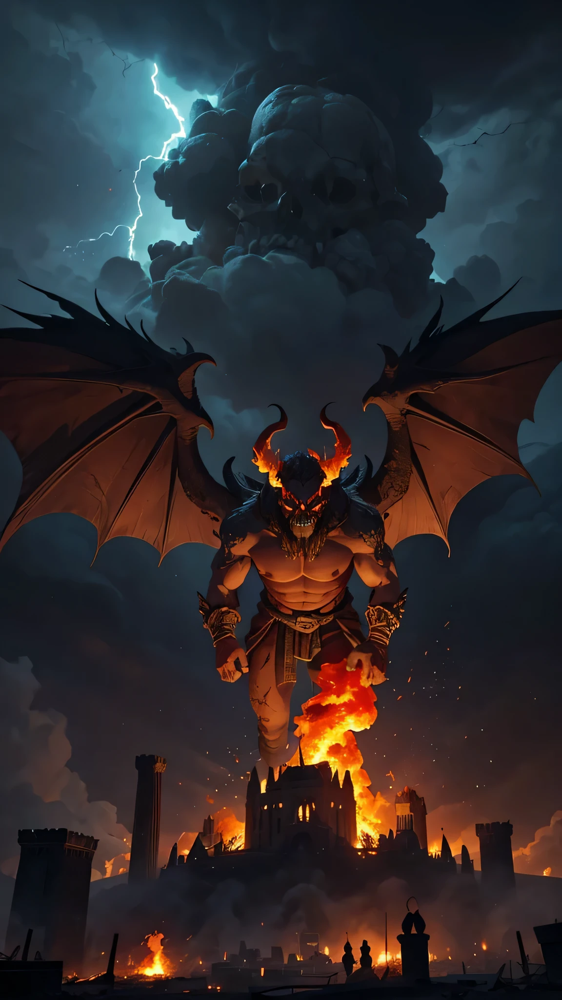 A ((giant god-demon)) with two wings on fire and a skull's head where flames coming out of its eyes (is wiping out a medieval city), magic lightnings, magic storm, storm sky, apocalyptic, ruins, ashes, apocalypse, fire, (the medieval city is looking very small below the demon) and smoke from the ashes is visible, the city is destroyed completely wiped out in fire