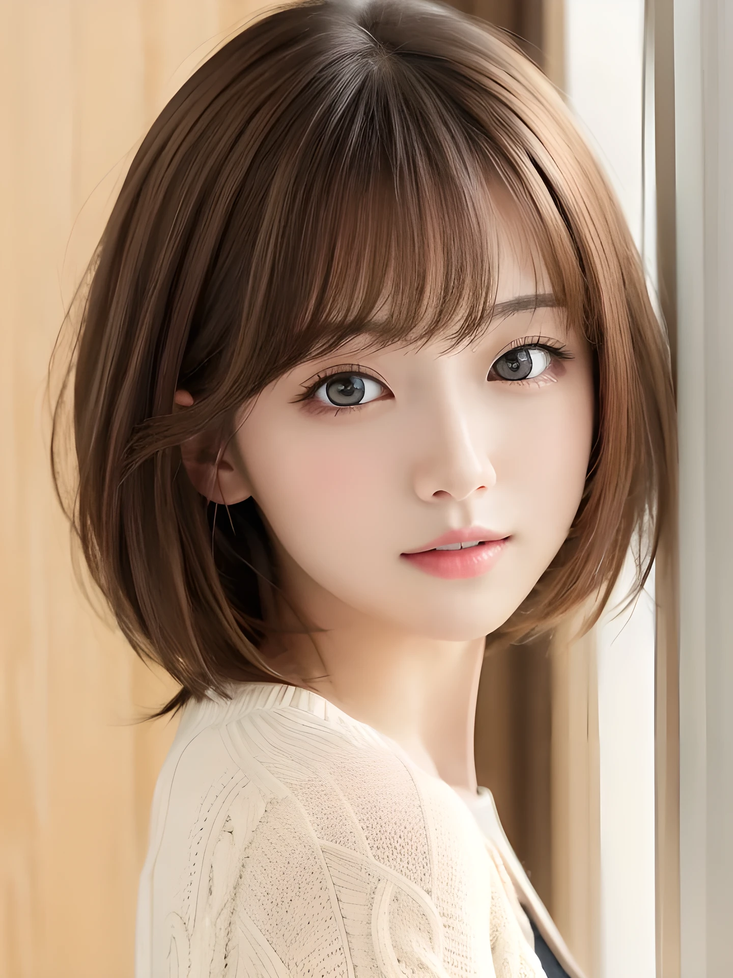 masterpiece, highest quality, High resolution, table top、wallpaper, realistic, bright lighting, professional lighting, face light, smooth lighting, japanese girl, cute, open mouth to say something, Beautiful girl, gravure, sexy, super beautiful, beautiful skin, beautiful and detailed eyes、detailed face、slim、moderately、short hair, brunette colored hair, brown eyes, look at the camera, sweater,