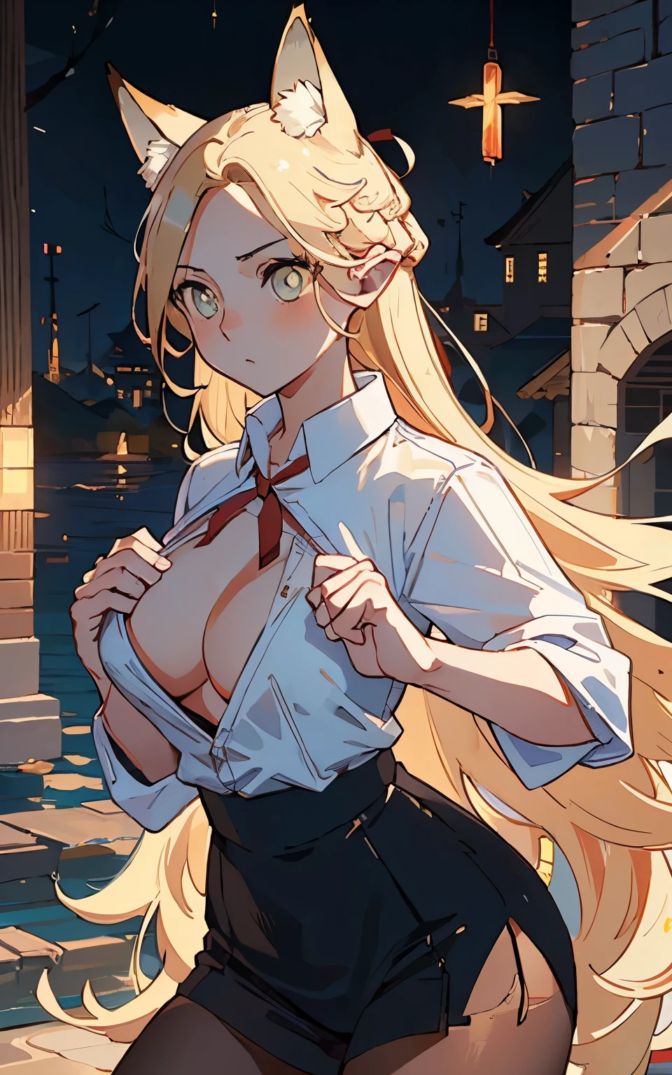 (masterpiece, best quality) detailed, Wearing black tights , Blonde ,elegant, (Fox ears),Red Eyeshadow, Chinese element pattern,thigh,漏出thigh,White shirt,Open chest,Chest leakage,Large Breasts