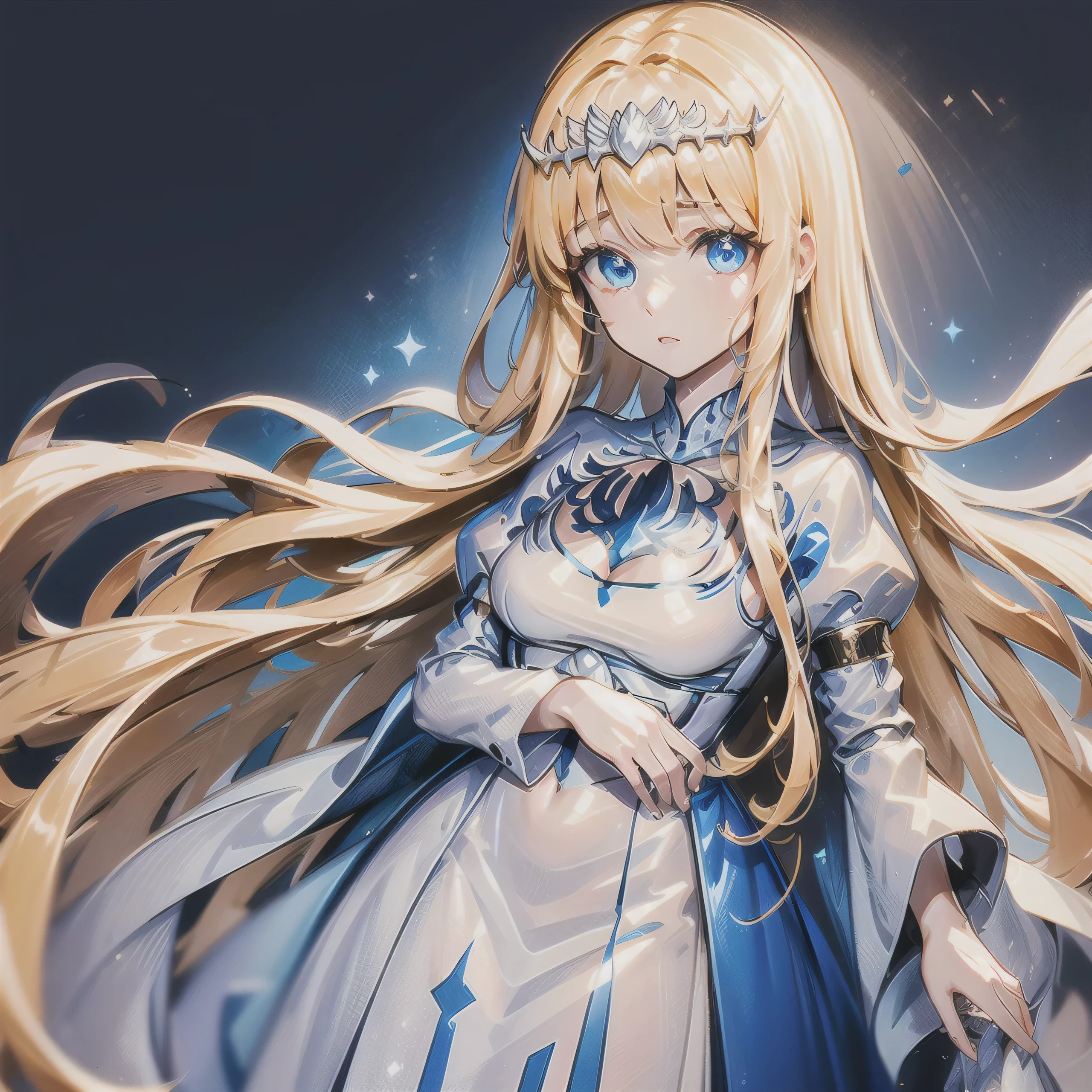 hands down, arms down, hands not showing, 1girl,solo, Calca, Calca Bessarez, blonde hair, extremely long hair, very long hair, white tiara, silver tiara, white dress, blue eyes, medium chest