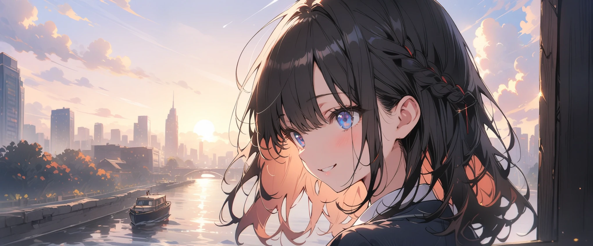 (masterpiece, 最high quality:1.2), Everyday Scenes, Movie Scenes, only one girl、One girl(high quality, Breathtaking),(Delicate eyes, 最high qualityな顔), Daytime、Cowboy Shot,Close your eyes and smile、Black hair × Blue eyes、fish-bone braid hair、Black long sleeve blazer,Black pleated skirt、Knee-high socks、loafers