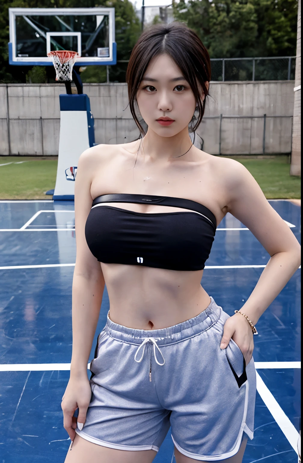 1girl, 25 years old, tomboy, ((Thick body:0.8)), (Plump:0.8), posing arrogantly to viewer, beautiful arrogant face, (solo:1), pov, basketball court, ((outdoor)), 3/4 body, hot pants, strapless sport bra, large breasts, sweaty
