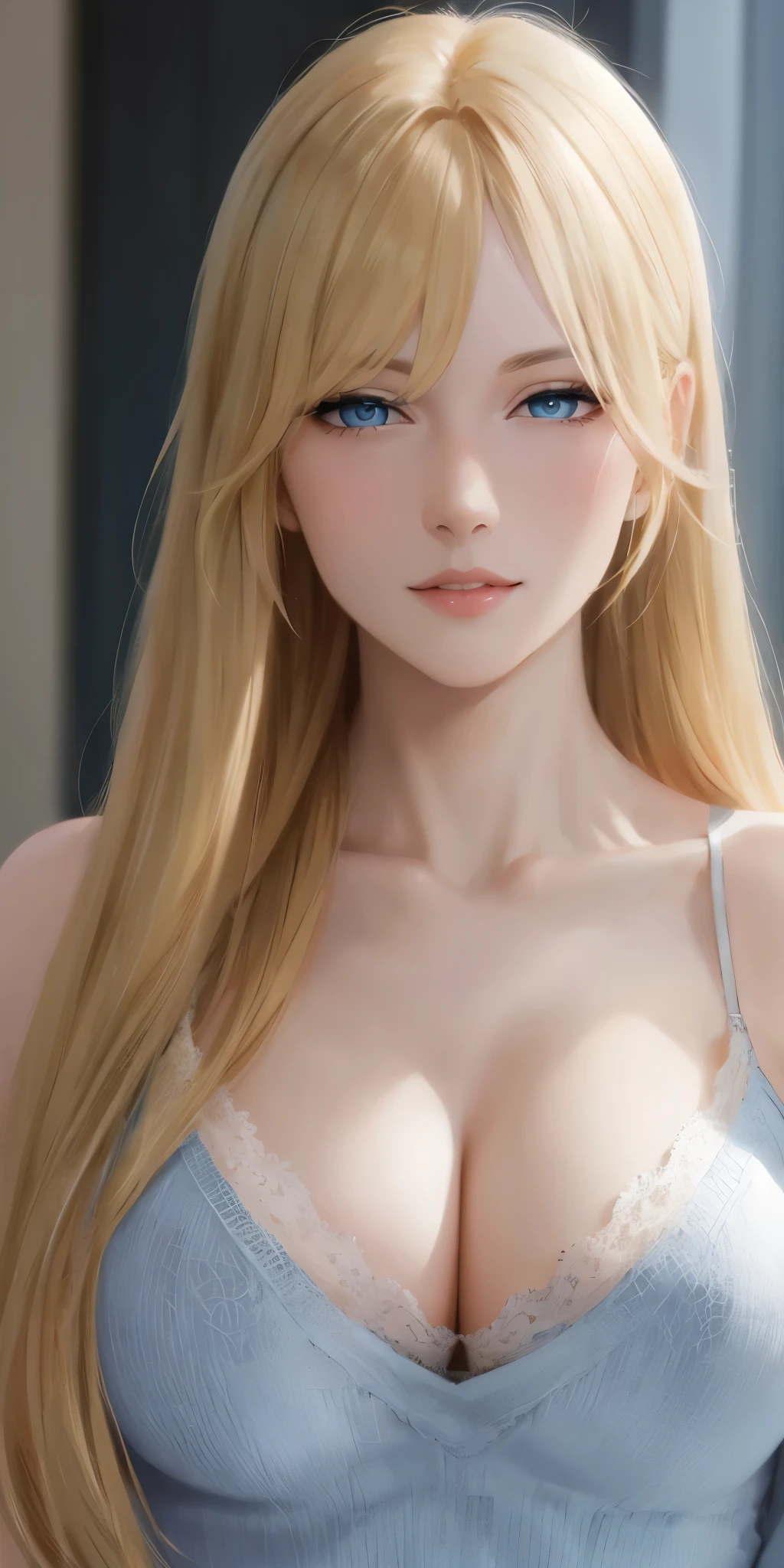Upper body, elegant, adult woman, long neck, long blonde hair, bangs, casual clothe, cleavage, blue eyes, soft light, high quality, 4k resolution