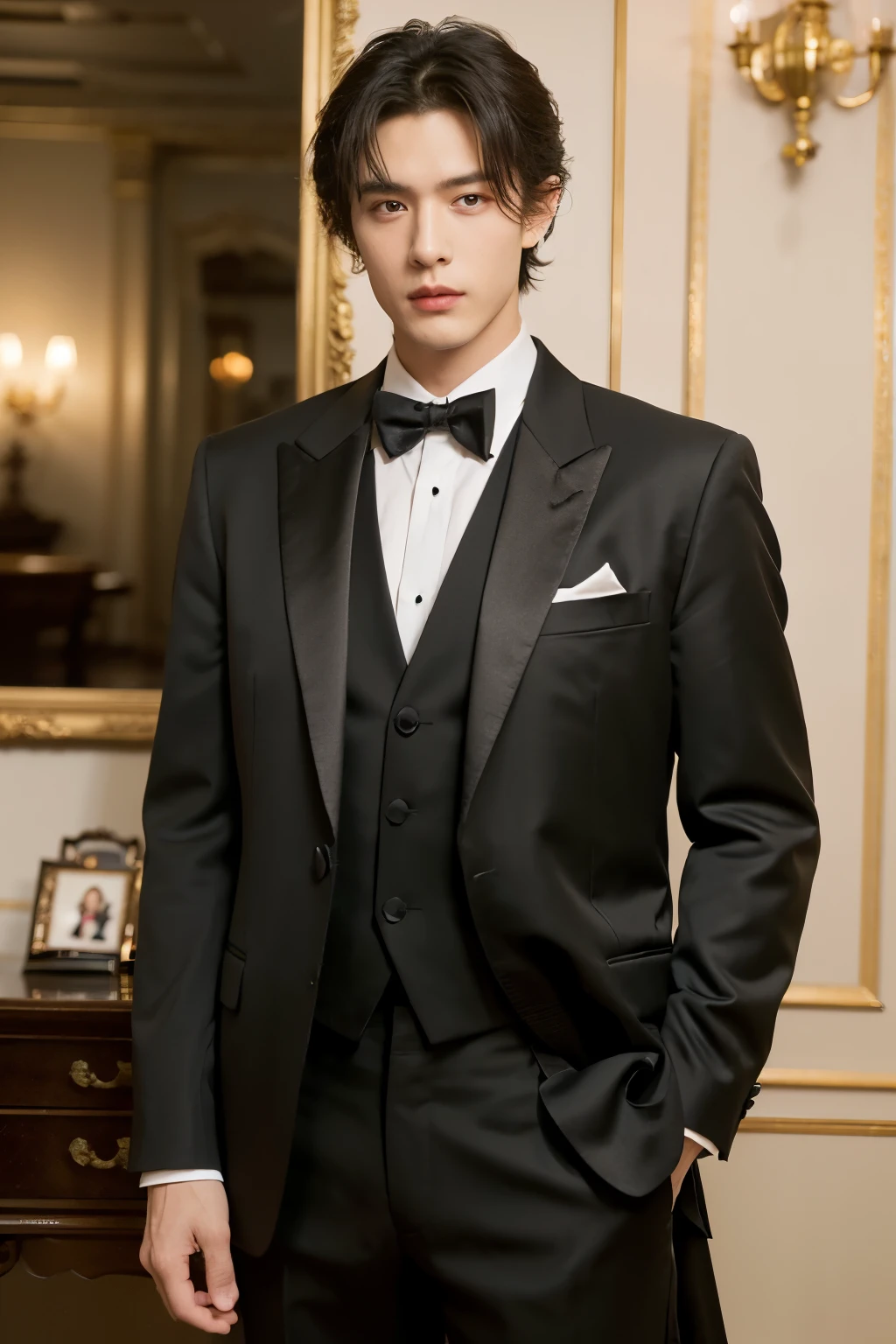 ((masterpiece)), ((best quality:1.2)), High Resolution, 8k, (ultra_realistic:1.3), (photorealistic:1.4), (instagram model, handsome:1.2), sharp focus, a portrait shot of (tedpullinbp), model pose, wearing a formal tuxedo, rich interior of a mansion, dinner gala, 