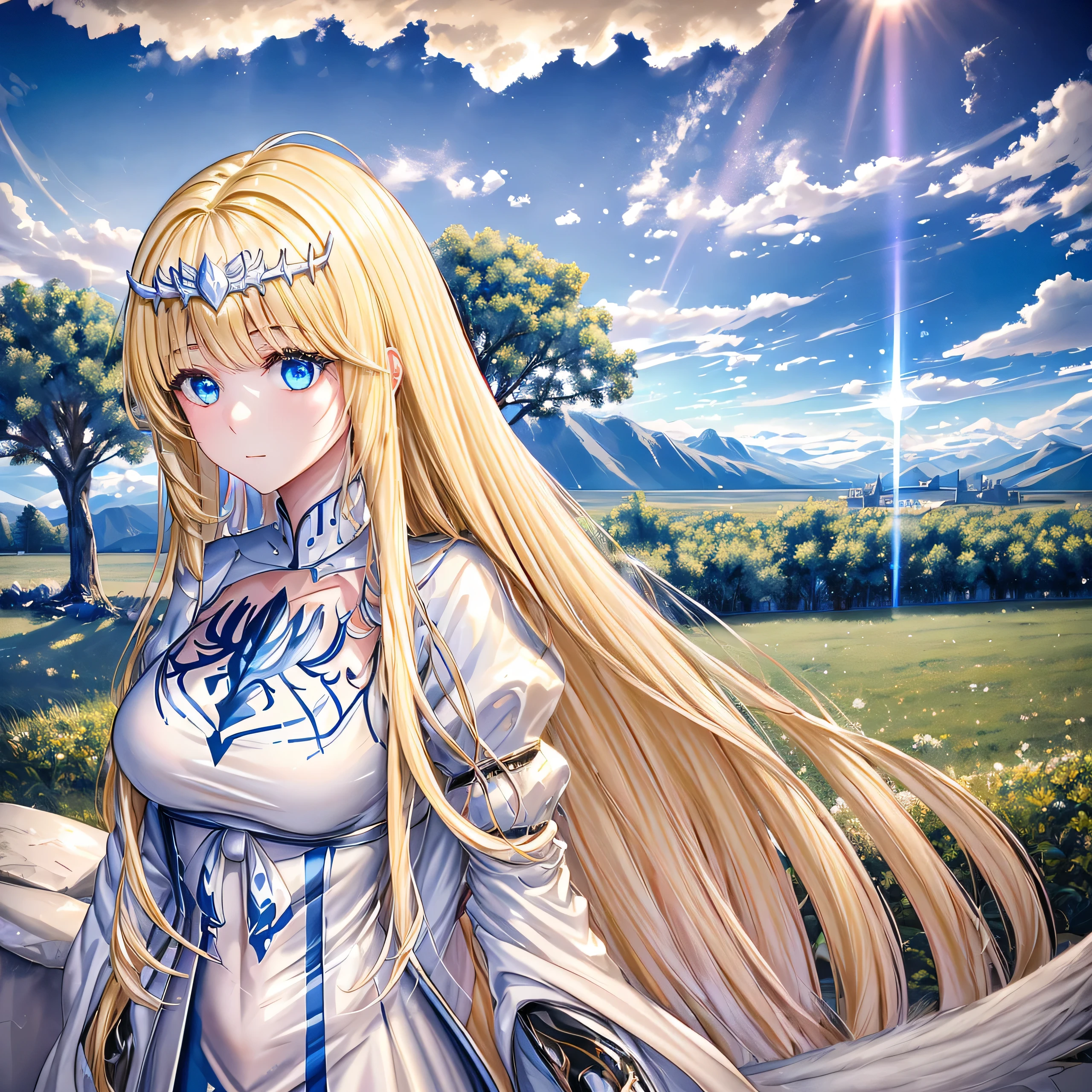 super fine illustration, an extremely cute and beautiful girl, highly detailed beautiful face and eyes, look at viewer, cowboy shot, beautiful long hair, solo, dynamic angle, beautiful detailed dress , heaven castle in background, full of clouds, holy light, blue tone, 1angel,solo, Calca, Calca Bessarez, blonde hair, extremely long hair, very long hair, white tiara, silver tiara, white dress, blue eyes, medium chest, wing wings, feature wings, very big wings, extra large wings, two wing behind her shoulder