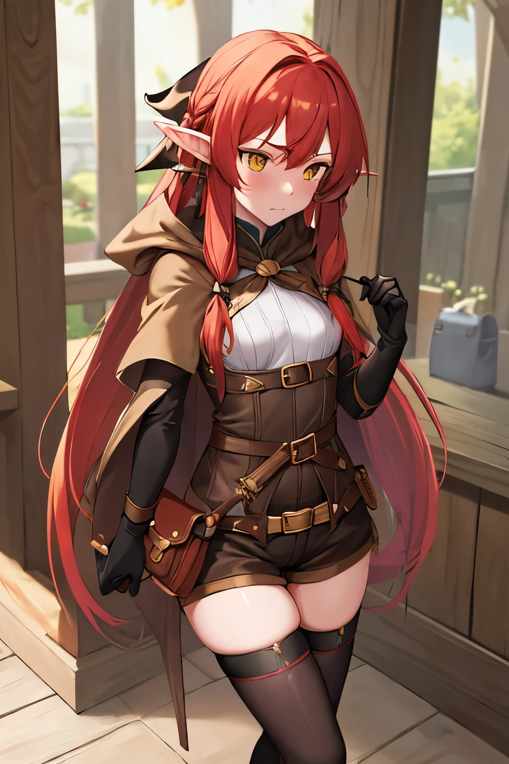 masterpiece, Best Quality, height resolution, 1girl in, elf, pointy ear, red hair, Long hair, side locks, Hair Bow, Small breasts, cloaks, golden yellow eye color, Black Gloves, Brown shorts, thighhighs, Short shorts, Black Clothes, Belt bag, embarrassed expression (SFW)