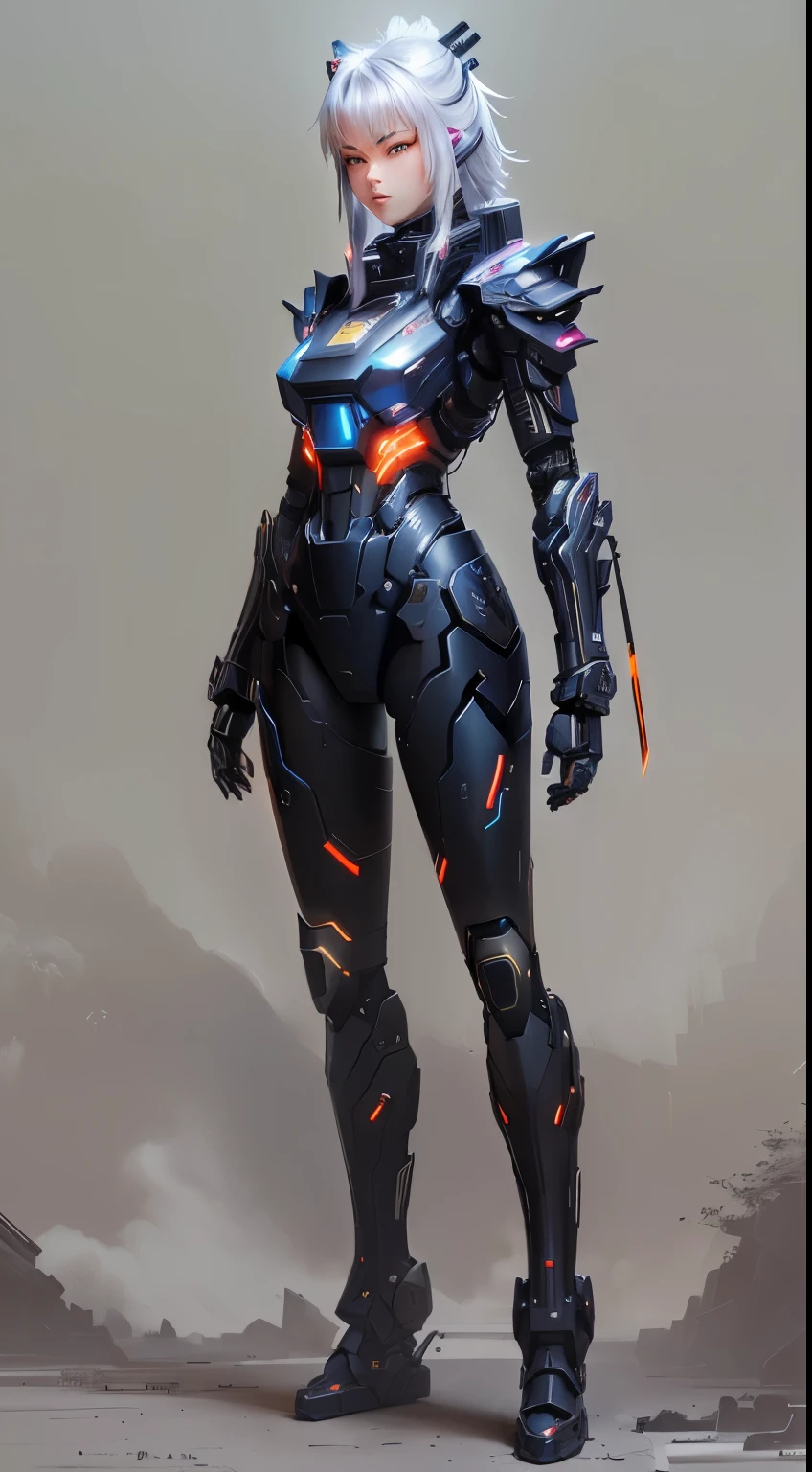 wide shot,background clouds, CyberRonin, (Cyber-Samurai:1.2),no words,serene atmosphere,detailed armor,technological katana,glowing eyes,artificial intelligence,high-res rendering,cool tones,subtle lighting