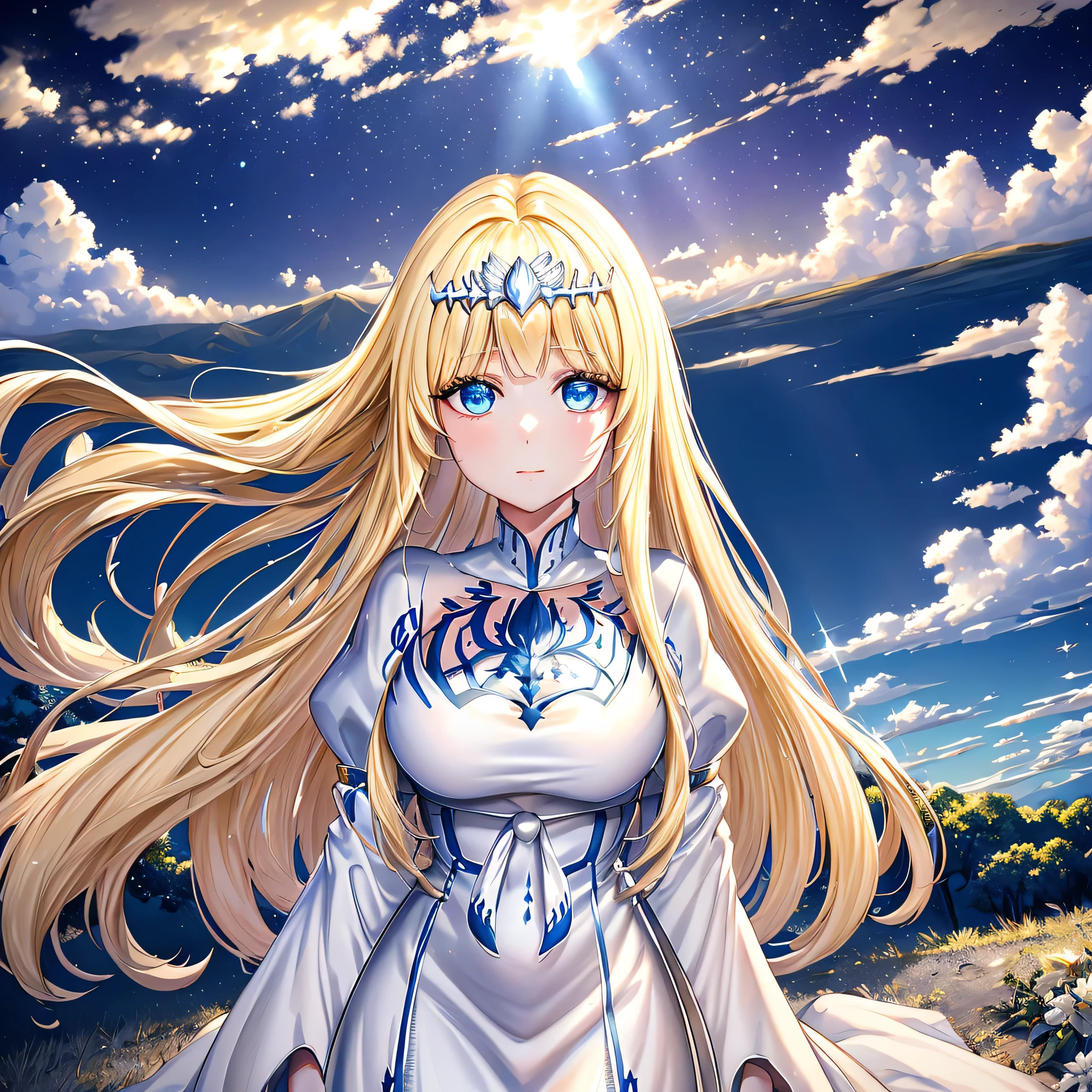 super fine illustration, an extremely cute and beautiful girl, highly detailed beautiful face and eyes, look at viewer, cowboy shot, beautiful long hair, solo, dynamic angle, beautiful detailed dress , heaven castle in background, full of clouds, holy light, blue tone,  1angel,solo, Calca, Calca Bessarez, blonde hair, extremely long hair, very long hair, white tiara, silver tiara, white dress, blue eyes, medium chest, wing wings, feature wings, very big wings, (extra large wings:1.5), two wings behind her back, angel wings, 