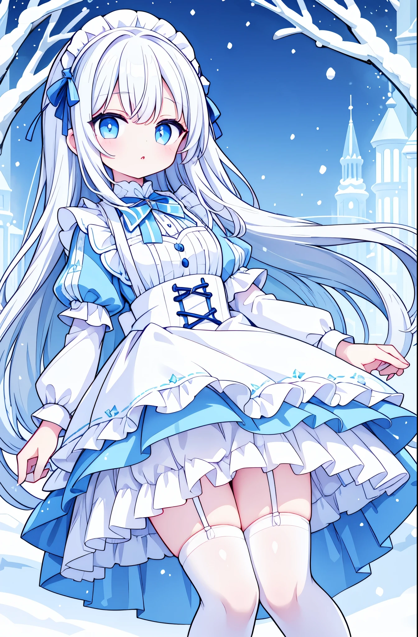 Long white hair,blue eyes,Light blue dress,Snow Scene,White knee socks,maid outfit,Lift up your skirt,