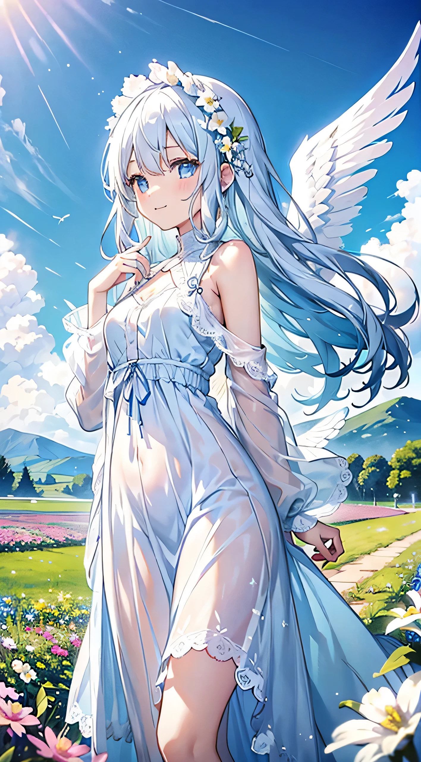 Alone, Pretty woman with long white hair and blue eyes、short、landscape、walking、Flower Field、Light blue dress、A long white lace cardigan draped over the shoulders、18-year-old、Adorable smile、Angel wings on the back、Less exposed skin、pastel colour、cute、Highest quality