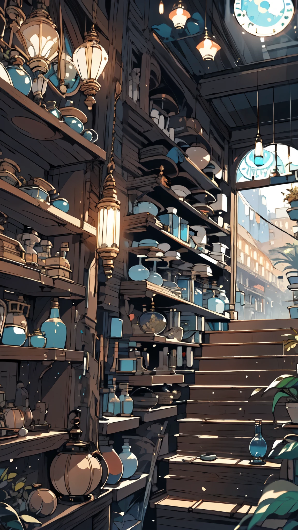 (masterpiece:1.2), highest quality,pixiv, night view, scenery, there are no humans, window, plant, potted plant, indoors, shelf, wooden floor, lanthanum, lamp, Book, Bookshelf, blurry, table, bottle, Depth of the bounds written, Chair, cup, fantasy, Barrel, ladder、clock, stairwells, secret door