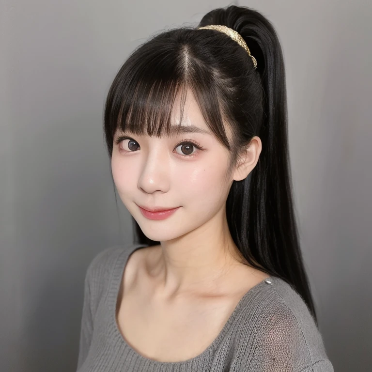 (kawaii 24 year-old Japanese girl, Nogizaka idol, Korean idol), (glossy black hair, high ponytail, short ponytail, bangs:1.3), (deep black eyes, rounded face, single eyelid, no makeup, soft smiling:1.2), (wearing knitted sweater:1.3), (extra small breasts:0.9), (facing straight at camera:1.2), BREAK, (simple grey background, yearbook background:1.3), (id photo, bust shot, view from straight forward:1.3), BREAK, (masterpiece, best quality, photo realistic, official art:1.4), (UHD, 8K quality wallpaper, high resolution, raw photo, golden ratio:1.3), (shiny skin), professional lighting, physically based rendering, award winning, (highly detailed skin, extremely detailed face and eyes), Carl Zeiss 85 mm F/1.4, depth of field, 1girl, solo,
