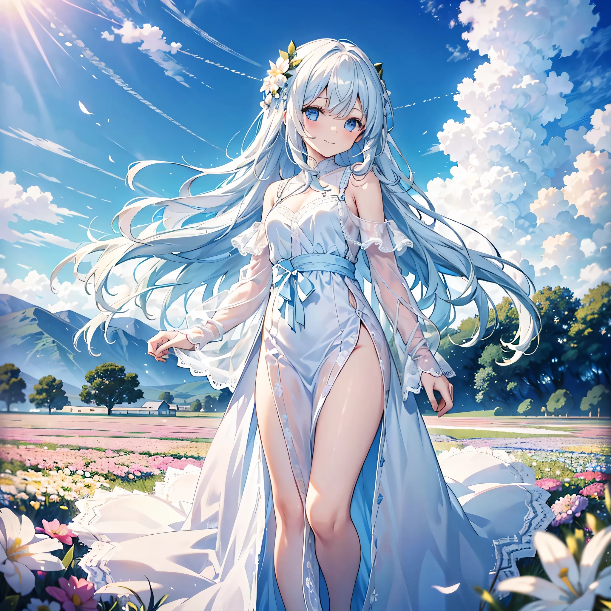 Alone, Pretty woman with long white hair and blue eyes、short、landscape、walking、Flower Field、Light blue dress、A long white lace cardigan draped over the shoulders、18-year-old、Adorable smile、Angel wings on the back、Less exposed skin、pastel colour、cute