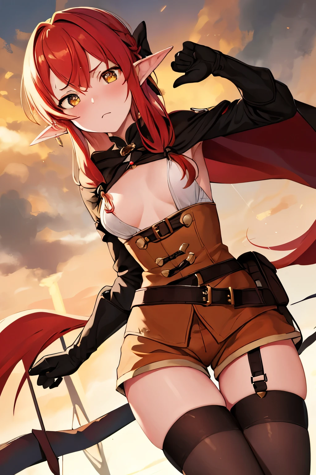 masterpiece, Best Quality, height resolution, 1girl in, elf, pointy ear, red hair, Long hair, side locks, Hair Bow, Small breasts, cloaks, golden yellow eye color, Black Gloves, Brown shorts, thighhighs, Short shorts, Black Clothes, Belt bag, embarrassed expression (SFW)