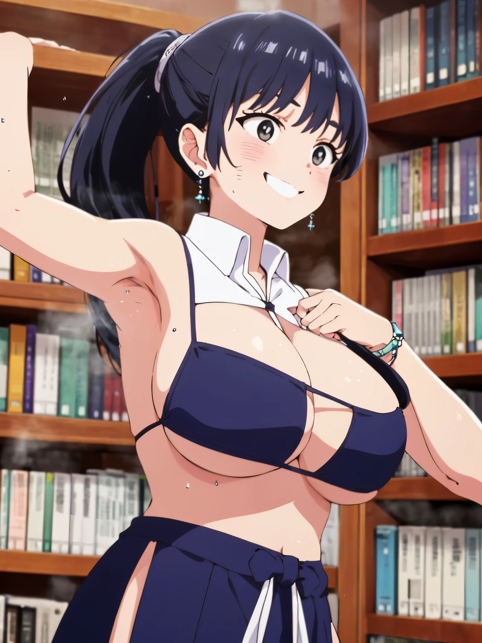 (Very large breasts:1.6),Anna Yamada,gigantic breasts,smile,in library room、Bookshelf、Wearing a collar、Earrings、Earrings、bracelet,(masterpiece, highest quality, highest quality, Official Art, Beautiful and aesthetic:1.2),  (Ultra-detailed)、Raise your arms,navel piercing,ponytail,(Steam coming out of the sides:1.4),(Cowboy Shot)、(Beautiful Face:1.4)、(Spread Armpit),Put your arms behind your head、(Armpit hair:1.5)、Upper body close-up、Sweat、Facing forward,black bikini、Attractive aside