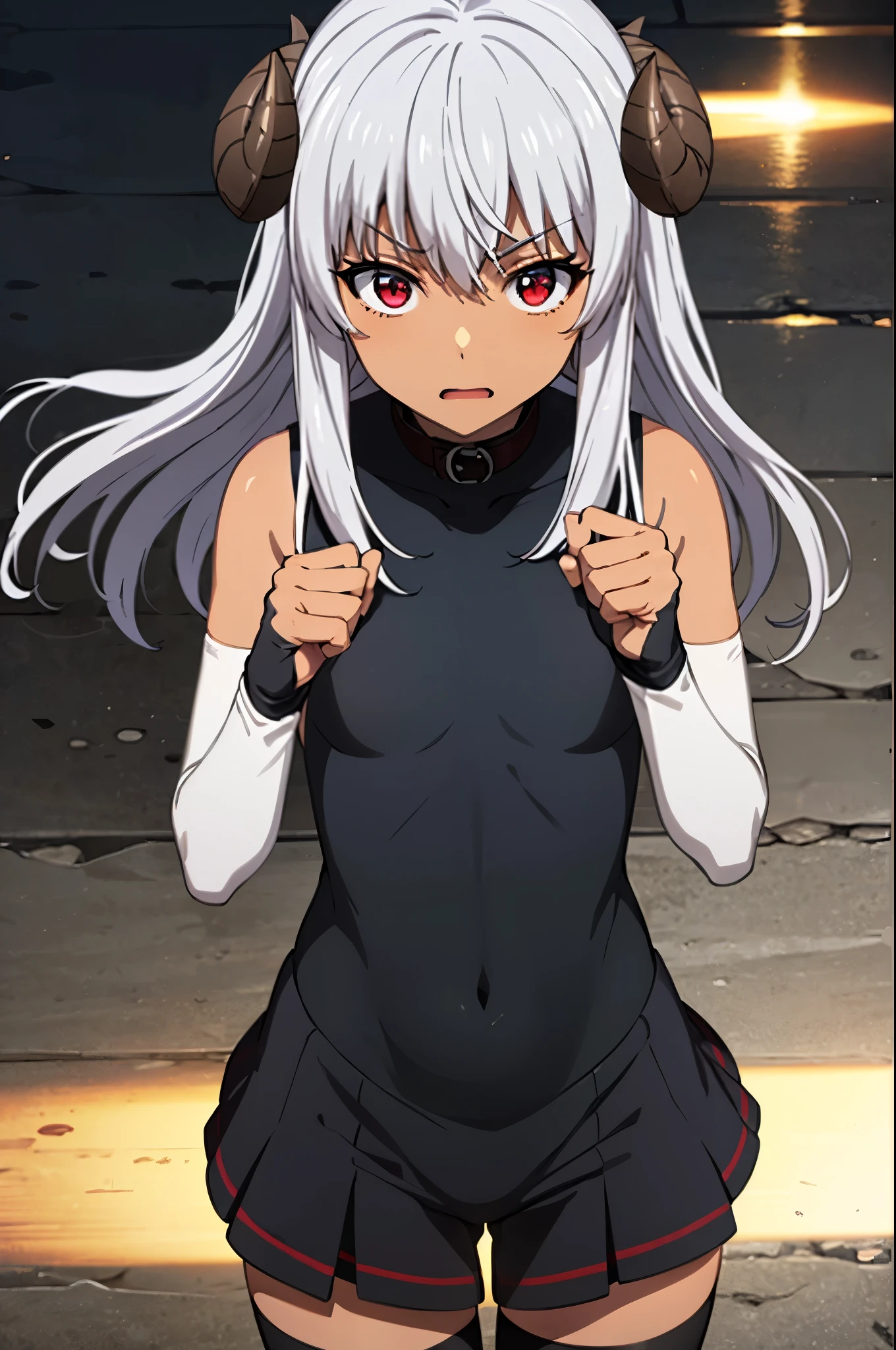 best quality, ultra high res, Felm, 1girl, flat chest, bodysuit, collar, sleeveless, elbow gloves, fingerless gloves, black thighhighs, dark skin, grey hair, long hair, red eyes, curled horns, 